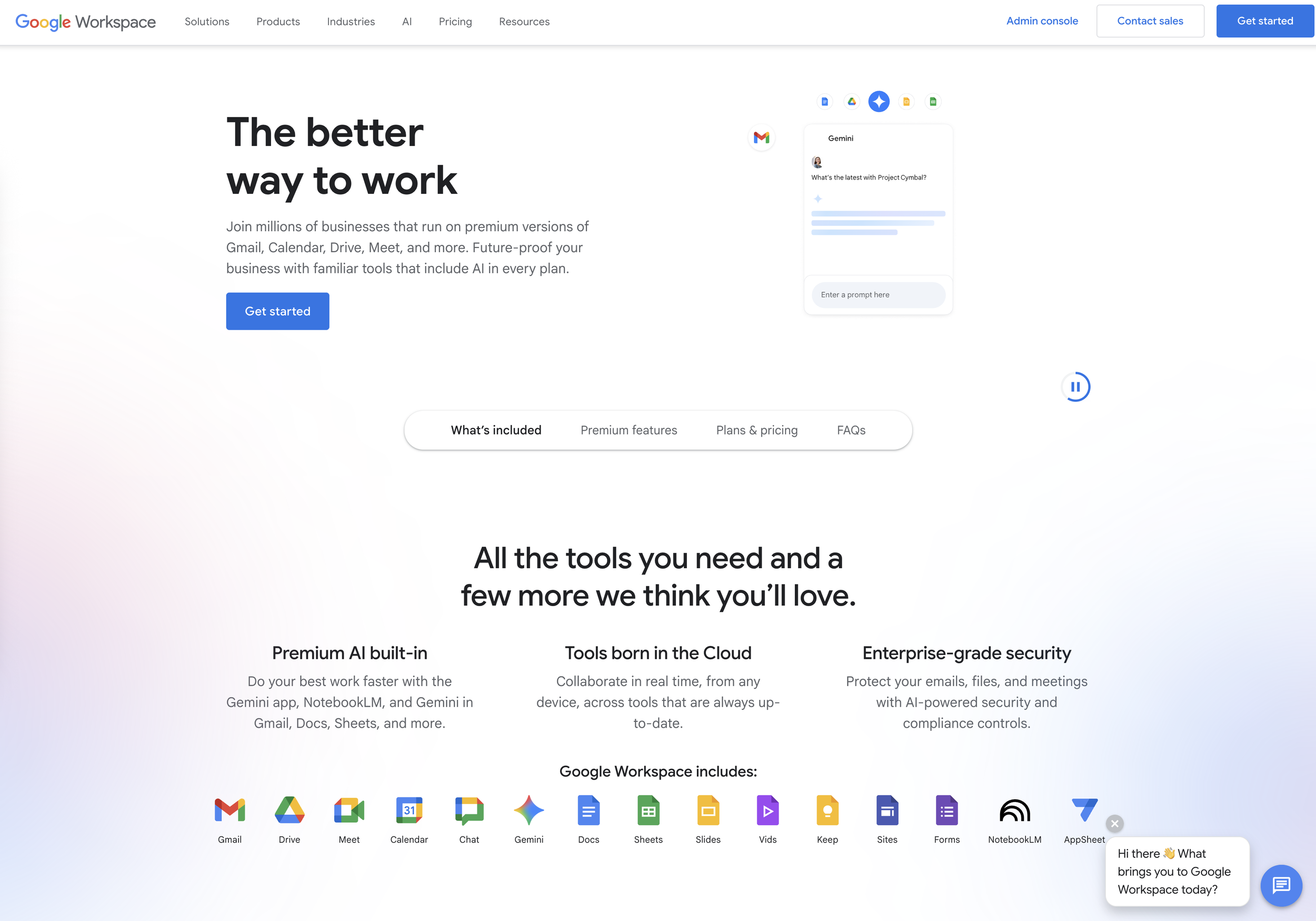 Screenshot of the Google Workspace homepage with text and icons highlighting features like Gmail, Drive, Meet, Calendar, Chat, Gemini, Docs, Sheets, Slides, Vids, Keep, Sites, Forms, NotepadLM, AppSheet, and a chat window with a message.