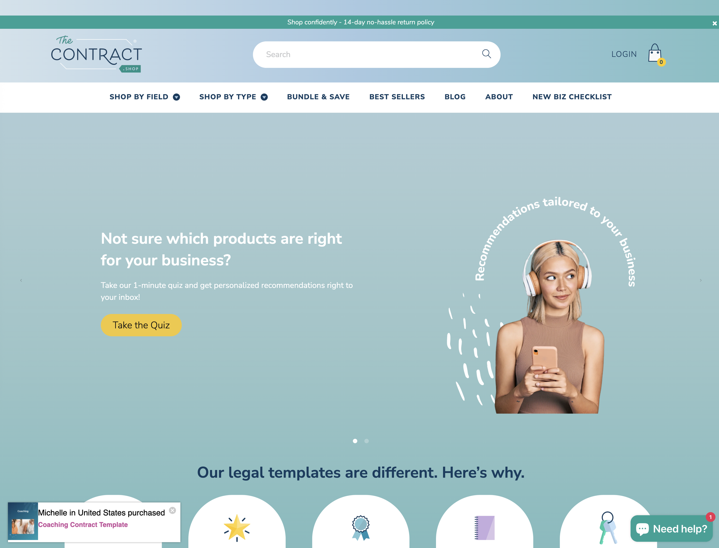 A woman with blonde hair wearing headphones and a sleeveless top is holding a smartphone. The webpage is for The Contract Shop, offering personalized legal templates, with a banner for a quiz to get business recommendations.
