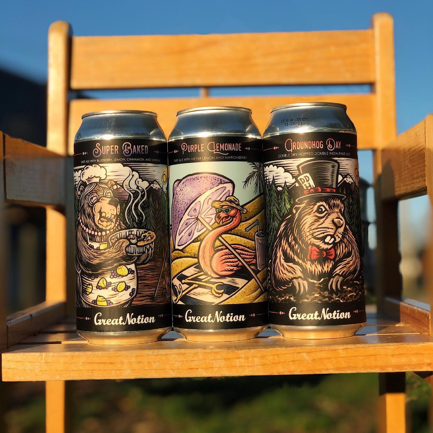 ⚠️ New Arrivals from @greatnotion ⚠️

Groundhog Day 🧃🦫
DDH Hazy DIPA &bull; 8.3%
This limited release double dry-hopped hazy DIPA features all star hops Citra, Nelson Sauvin, and Galaxy.

Purple Lemonade 🦩🍋
Tart Ale with Meyer Lemon and Marionber