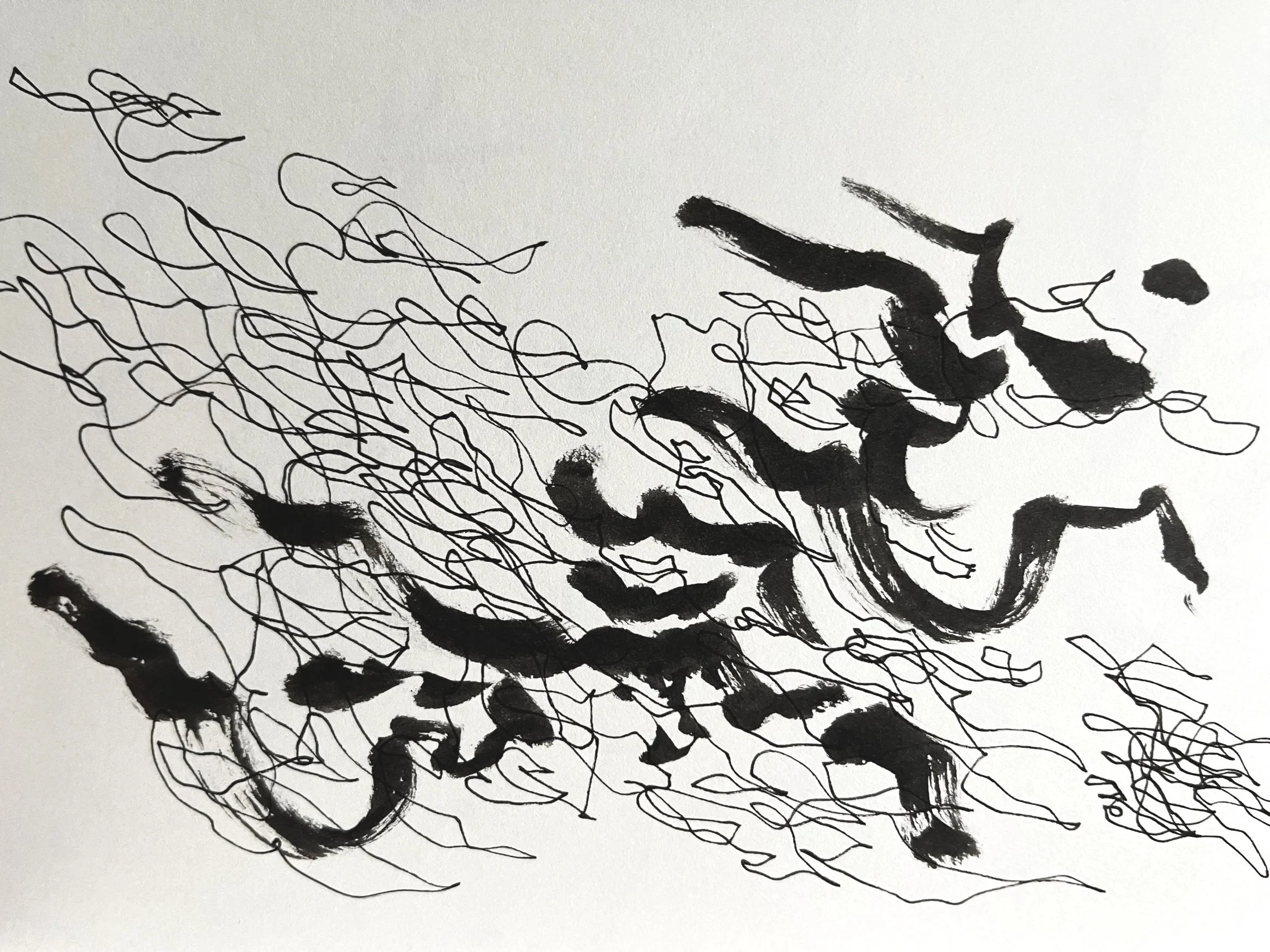Black ink abstract drawing drawn with loose lines and brush strokes.