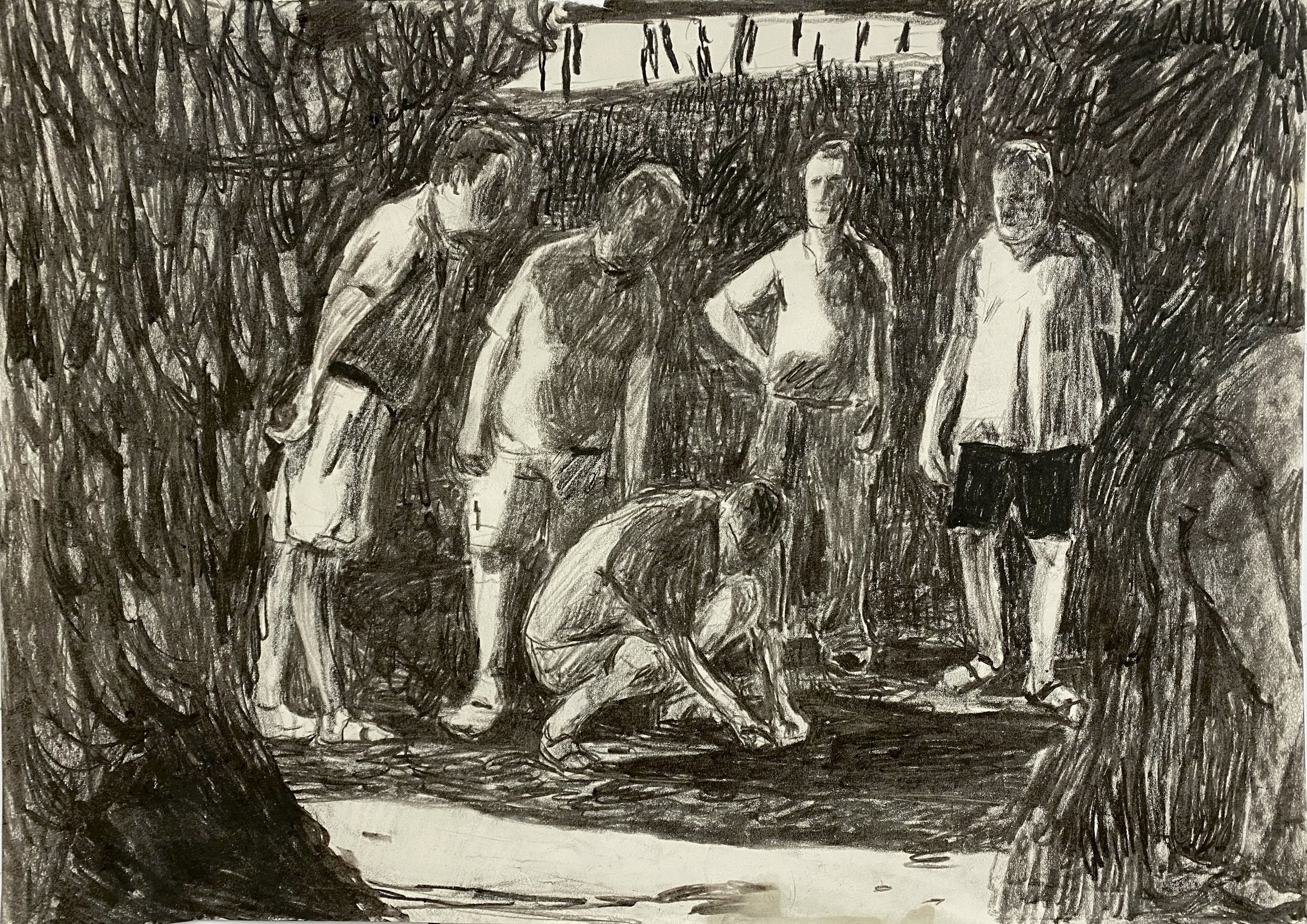   Bowlers , charcoal on paper, (60 x 42cm) 2023 