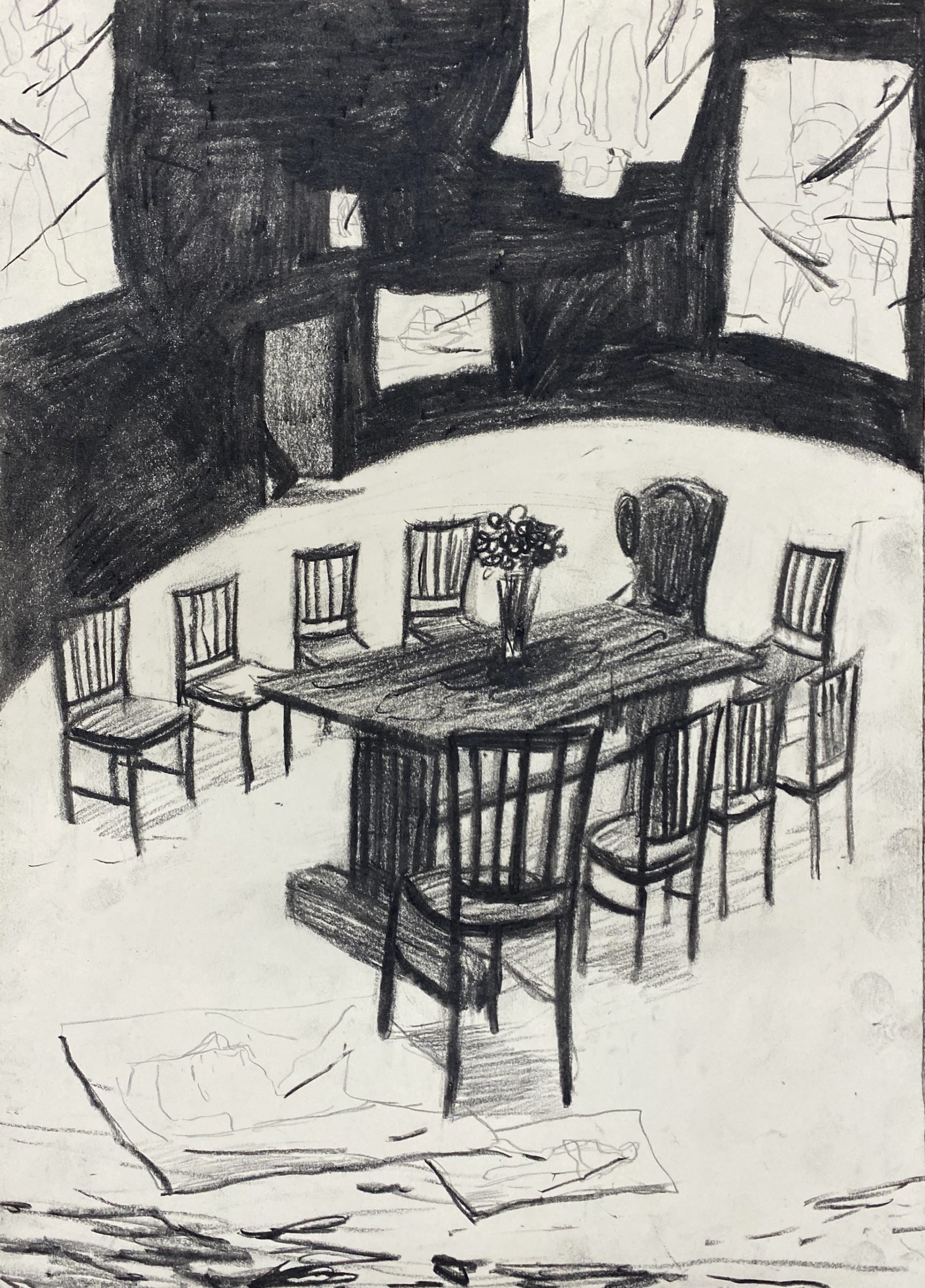   The Best Laid Plans , charcoal on paper, (45 x 32cm) 2022 