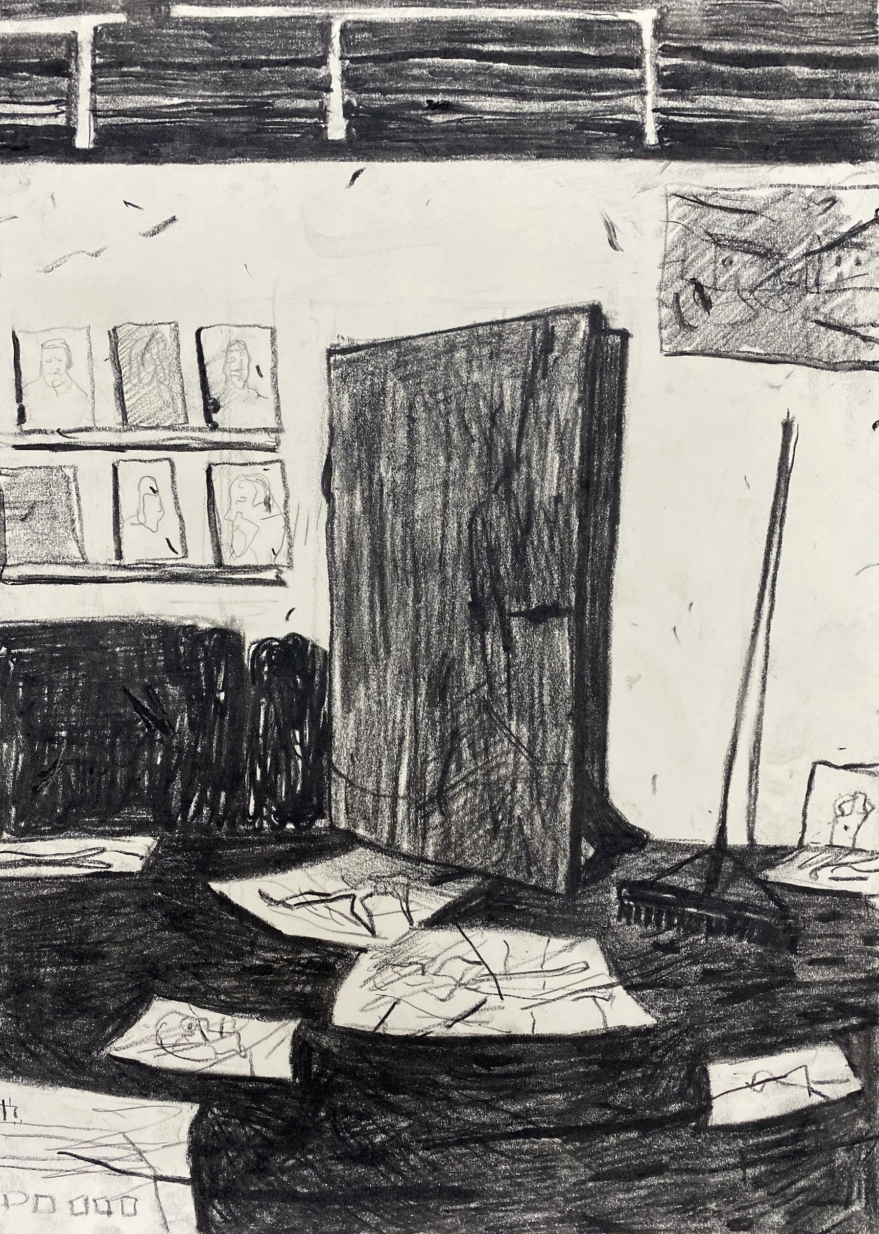   Leftovers as Structures , charcoal on paper, (45 x 32cm) 2022 