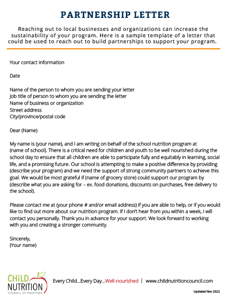 Companion Letter Example Partnership Template Letter — Child Nutrition Council of MB