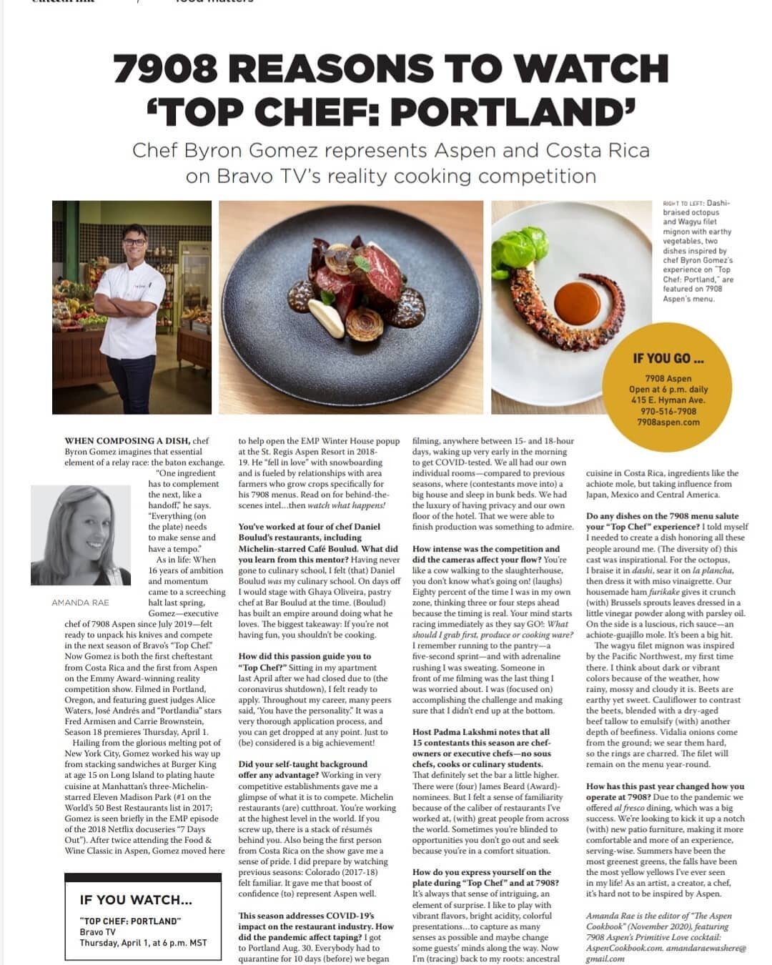 What a fun time and interview from @aspentimes &amp; @amandaraewashere. I invite you to come into @7908aspen before our season is over. If not see you this summer. Don't forget to tune in @bravotopchef Season 18 on April 1st to watch me compete and r
