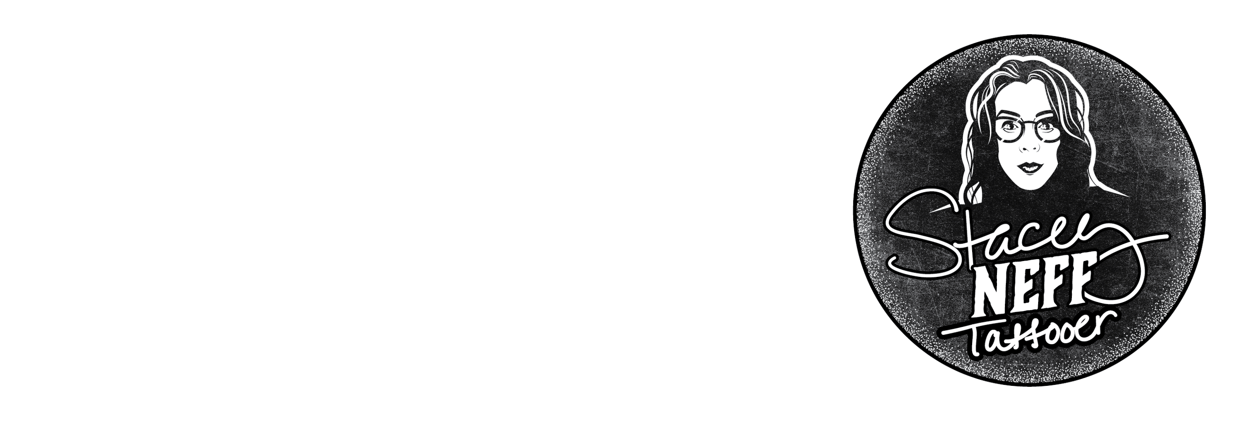 Logo for Nef Tattoo Studio featuring a bearded man with glasses, and the logo for Stacey Nef Tattor with a woman wearing glasses, set against a black background.