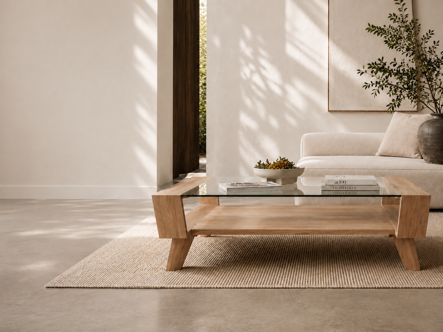 Modern living room with a wooden and glass coffee table on a beige rug, a white sofa with pillows, a large vase with green branch, and a wall artwork, lit by natural sunlight.