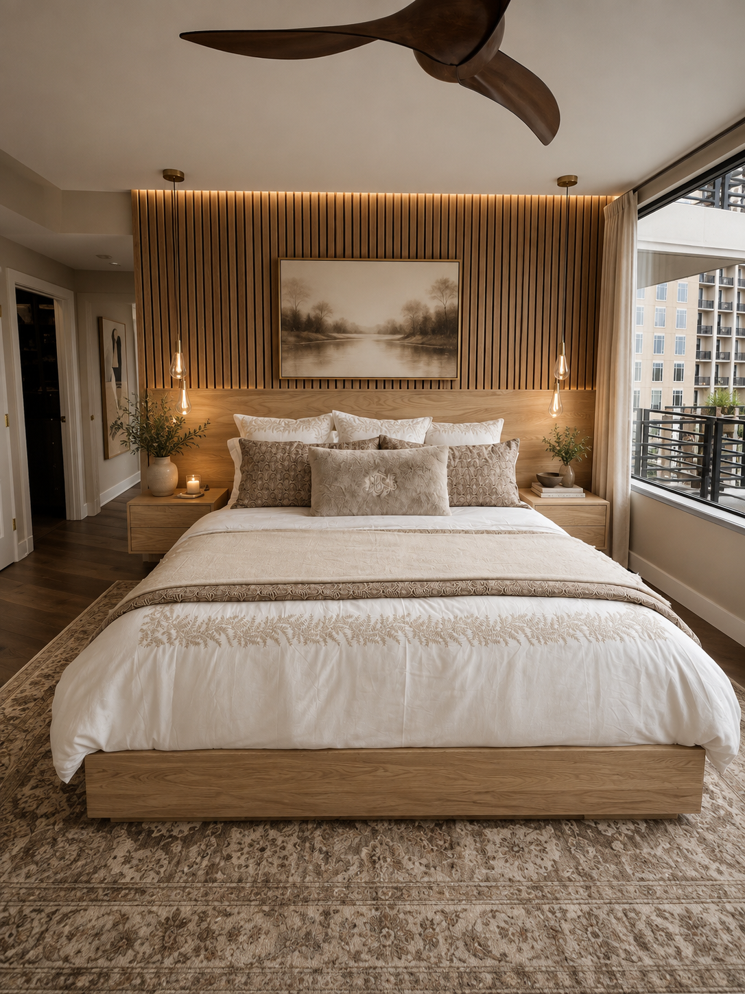 A modern bedroom with a wooden headboard, framed mountain landscape art, beige and patterned pillows, cream and beige bedding, two nightstands with plants and candles, a ceiling fan, and a large window with curtains.