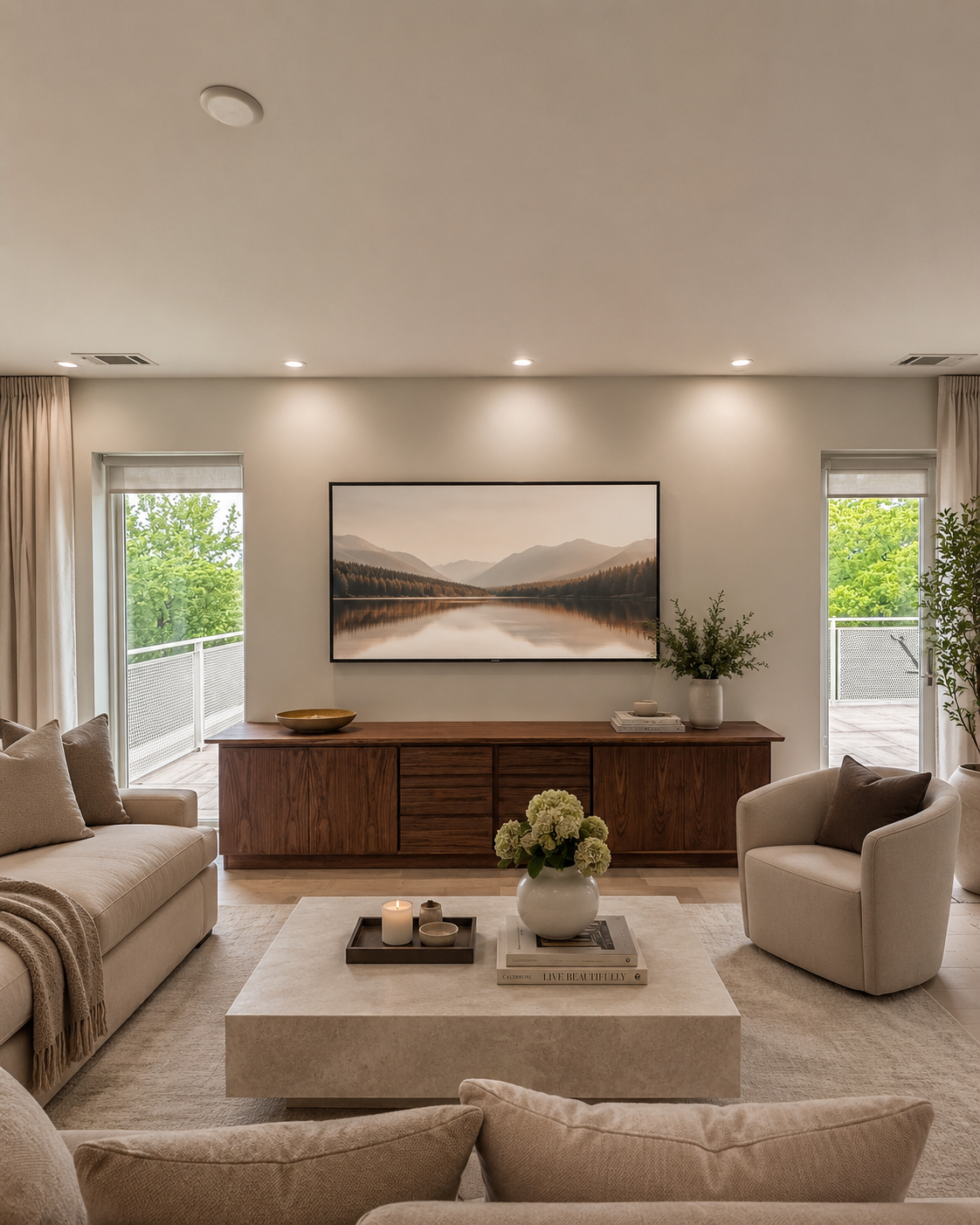 Living room with beige couches, a white coffee table with a vase of flowers, candles, and books, a wooden TV console with decorative items, a landscape photo on the wall, and glass doors leading to outdoor balconies with green trees.