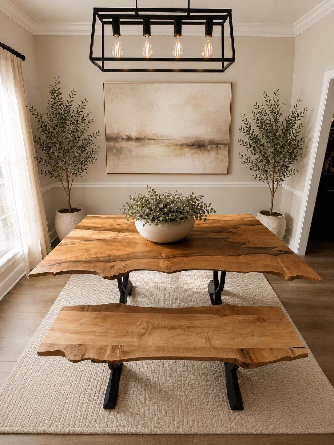 A dining room with a wooden table and bench, two potted trees, a painting on the wall, and a four-bulb chandelier.