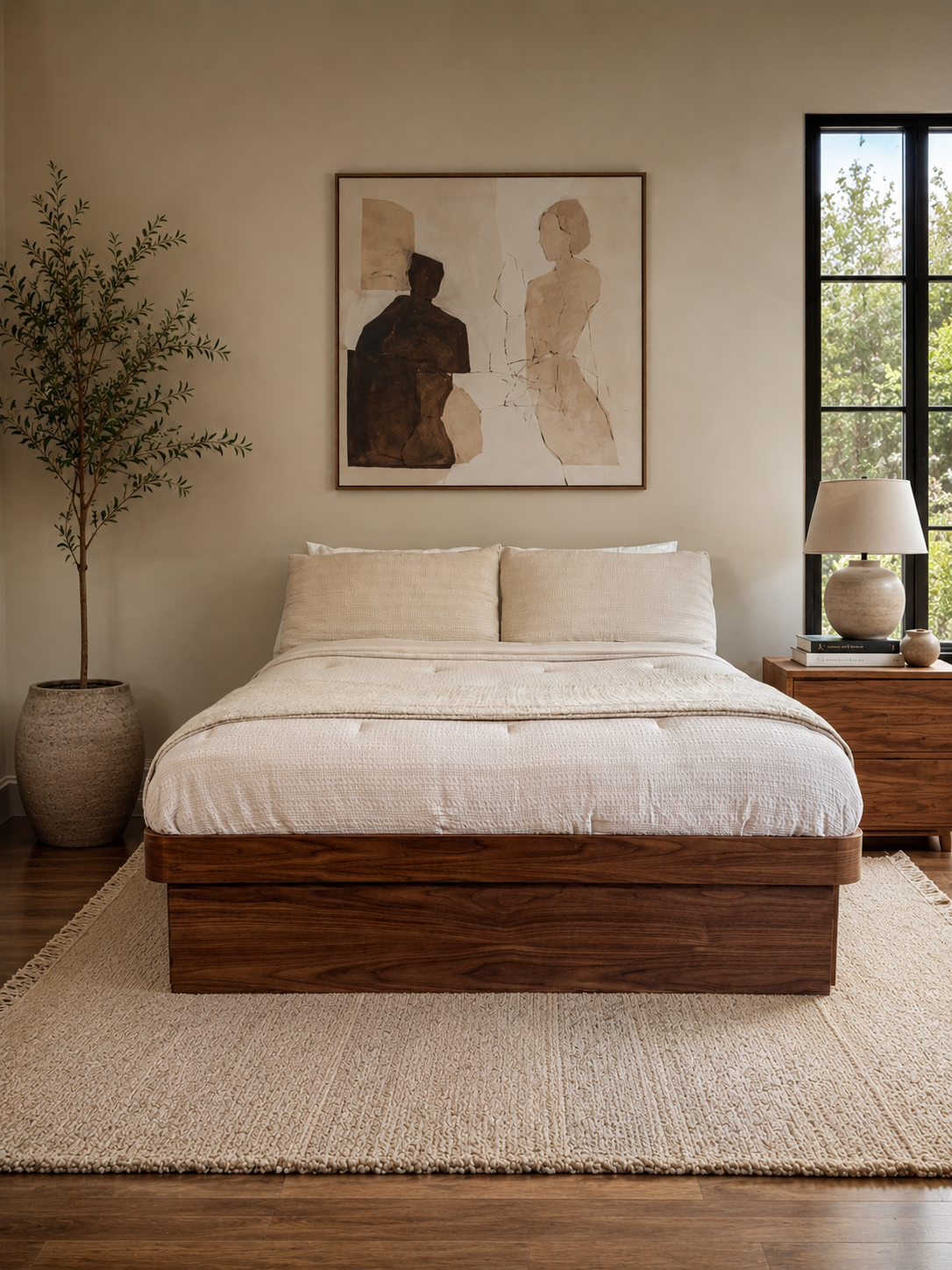 A bedroom with a wooden bed frame, white bedding, a beige area rug, a potted tree on the left, a nightstand with books and a lamp on the right, a window with greenery outside, and artwork of two abstract women hanging above the bed.