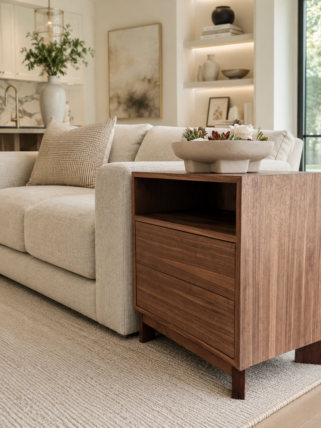 Close-up of a beige sofa with a textured pillow, a wooden side table with a flower arrangement, and art shelves with decorative items and books in a modern living room.