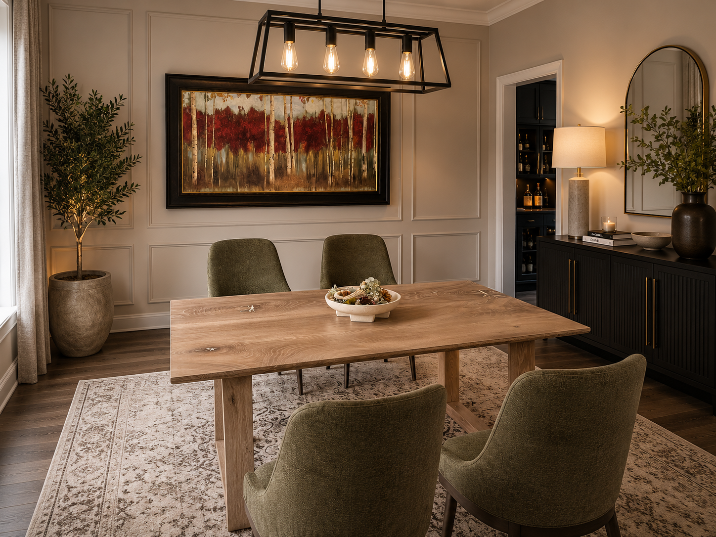 A dining room with a wooden table surrounded by four green upholstered chairs. There is a large abstract painting with red trees hanging on the wall behind the table. To the side, a black sideboard with decorative items including a lamp, a mirror, and a plant in a dark vase. A large potted plant is next to a window with light-colored curtains, and a hanging light fixture with five bulbs is above the table. A patterned rug covers the hardwood floor.
