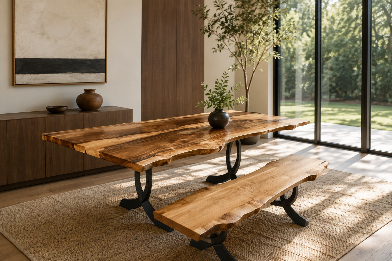 A wooden dining table with a live edge, accompanied by a matching wooden bench, situated on a beige rug in a room with large glass sliding doors and a potted plant.