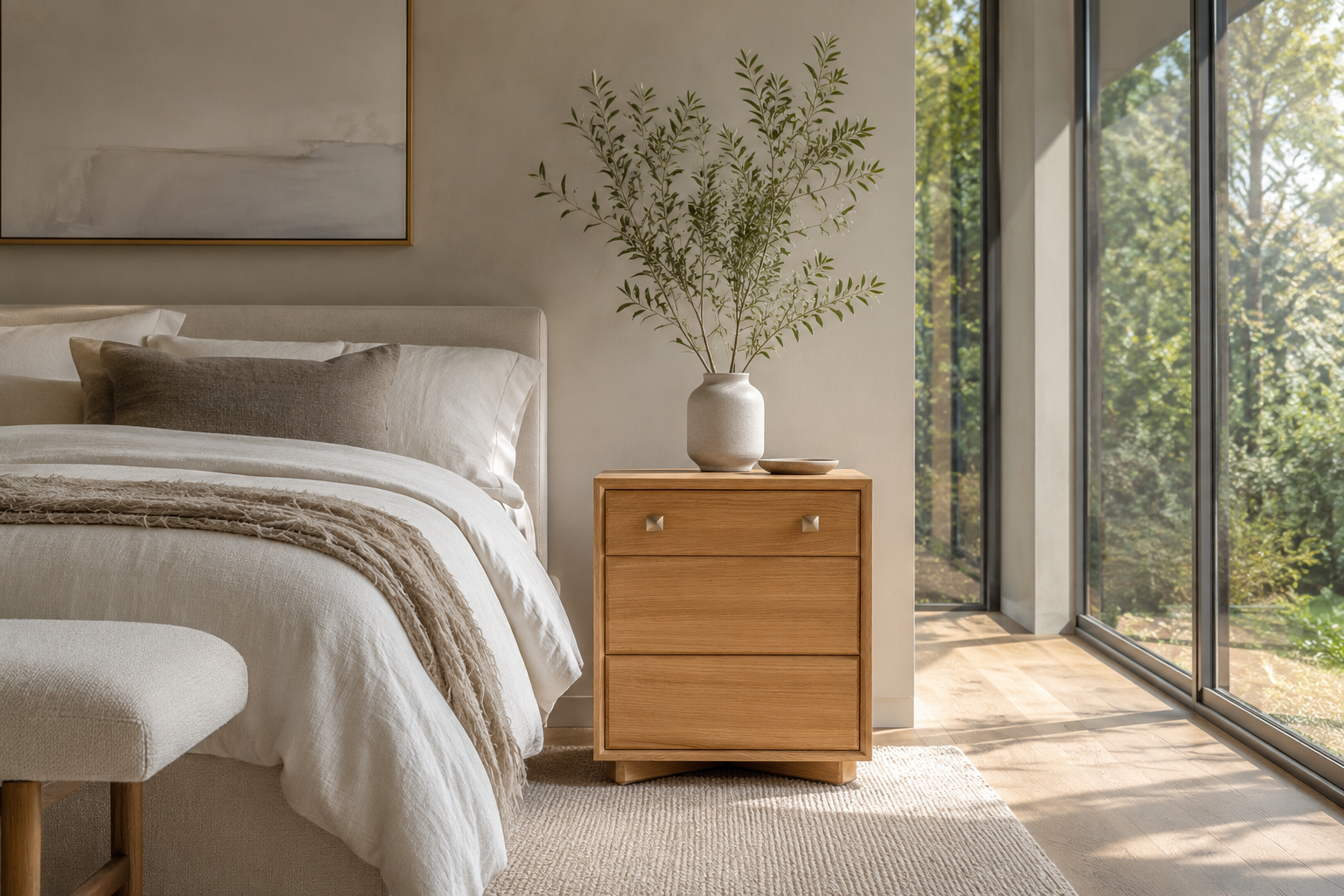 A cozy bedroom with a bed, beige bedding, and a brown pillow. A wooden nightstand with a large white vase and plant next to a large window showing greenery outside.