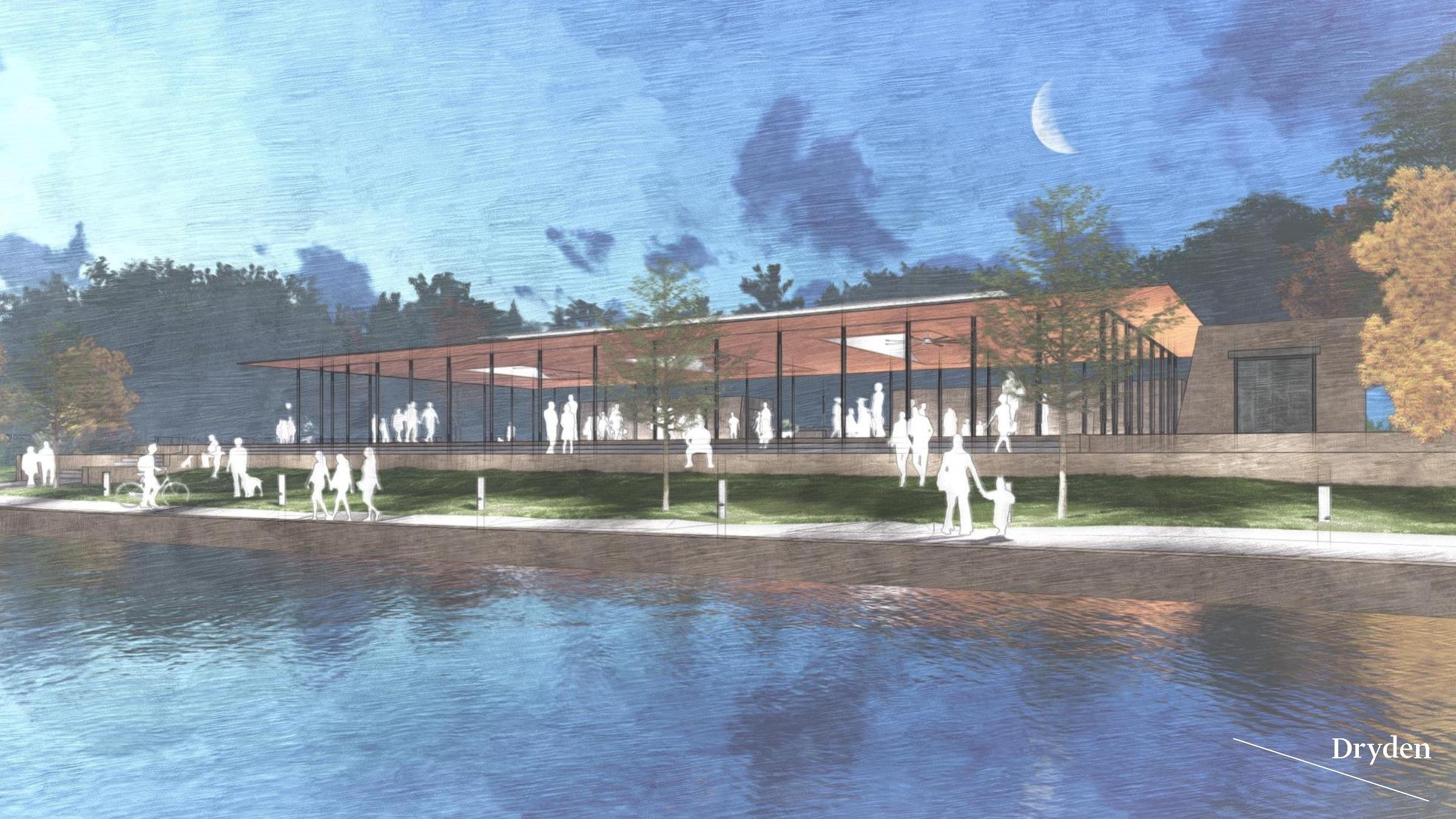 Architectural rendering of a modern building by a waterfront, with people silhouettes, trees, and a crescent moon in the evening sky.