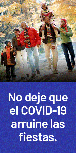 Family walking outdoors in fall, colorful leaves, with text "No deje que el COVID-19 arruine las fiestas."