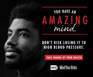 "Mind Your Risks" health campaign ad featuring a man looking thoughtful, promoting awareness about high blood pressure and its impact on mental health.