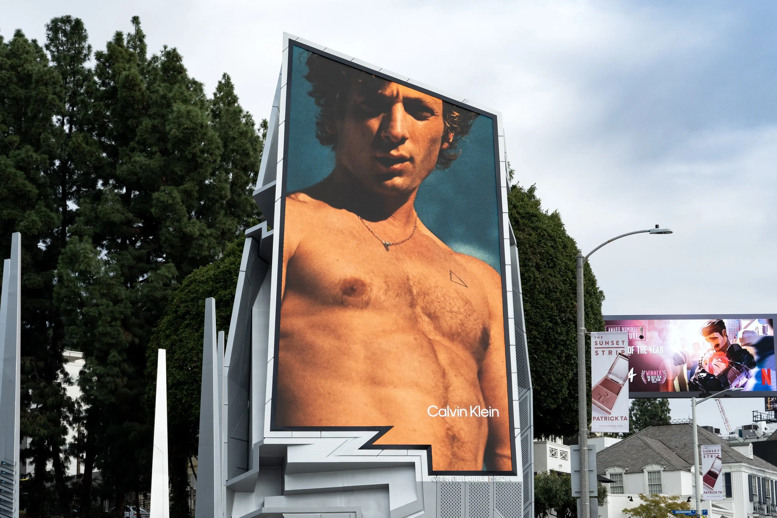 Billboard featuring a shirtless model for Calvin Klein, surrounded by trees and a smaller billboard for Netflix.