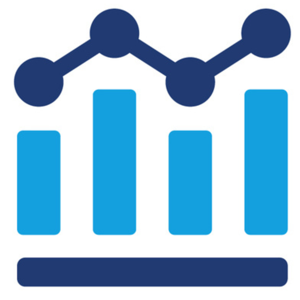Light blue bar chart with dark blue increasing trend line with points.