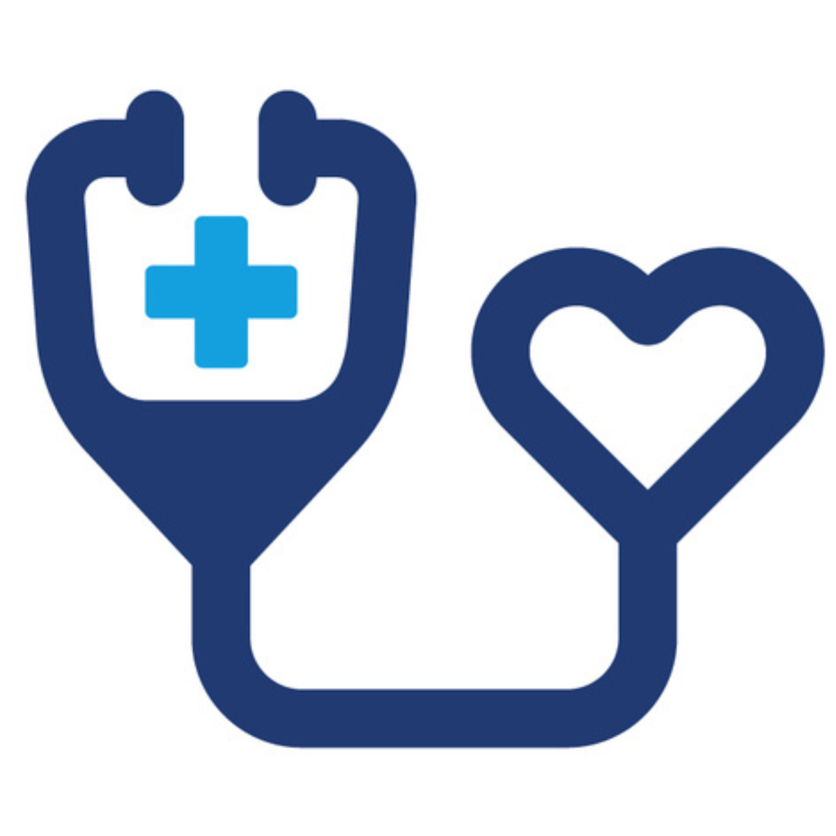 Dark blue stethoscope icon making a heart at the end.