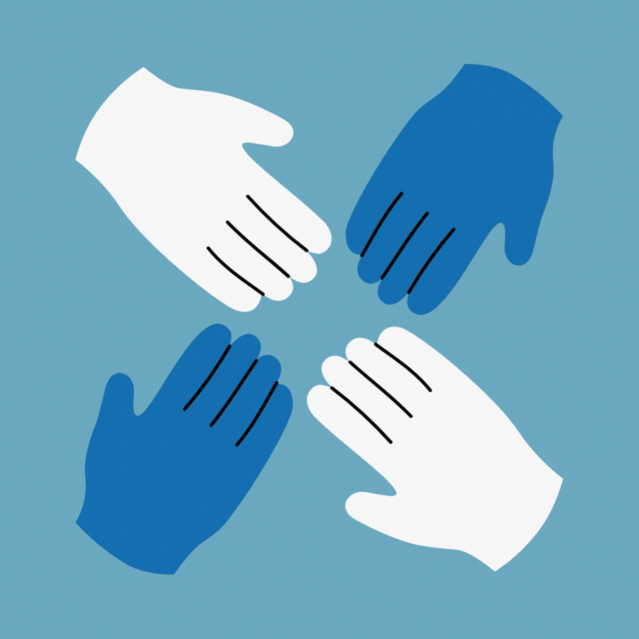 Gif of four blue and white hands coming in together.