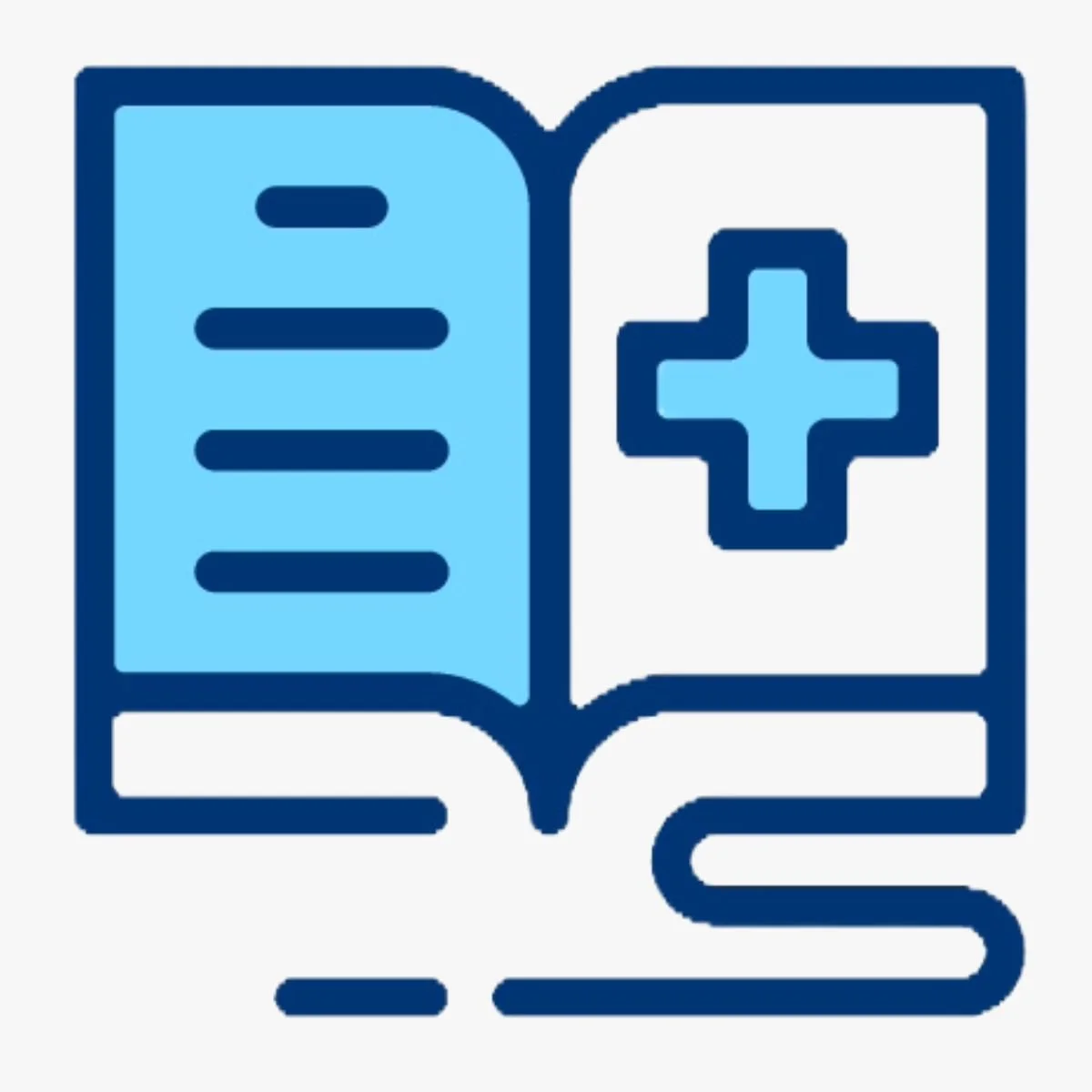 Blue and white book icon with lines on one side and a medical symbol on the other.