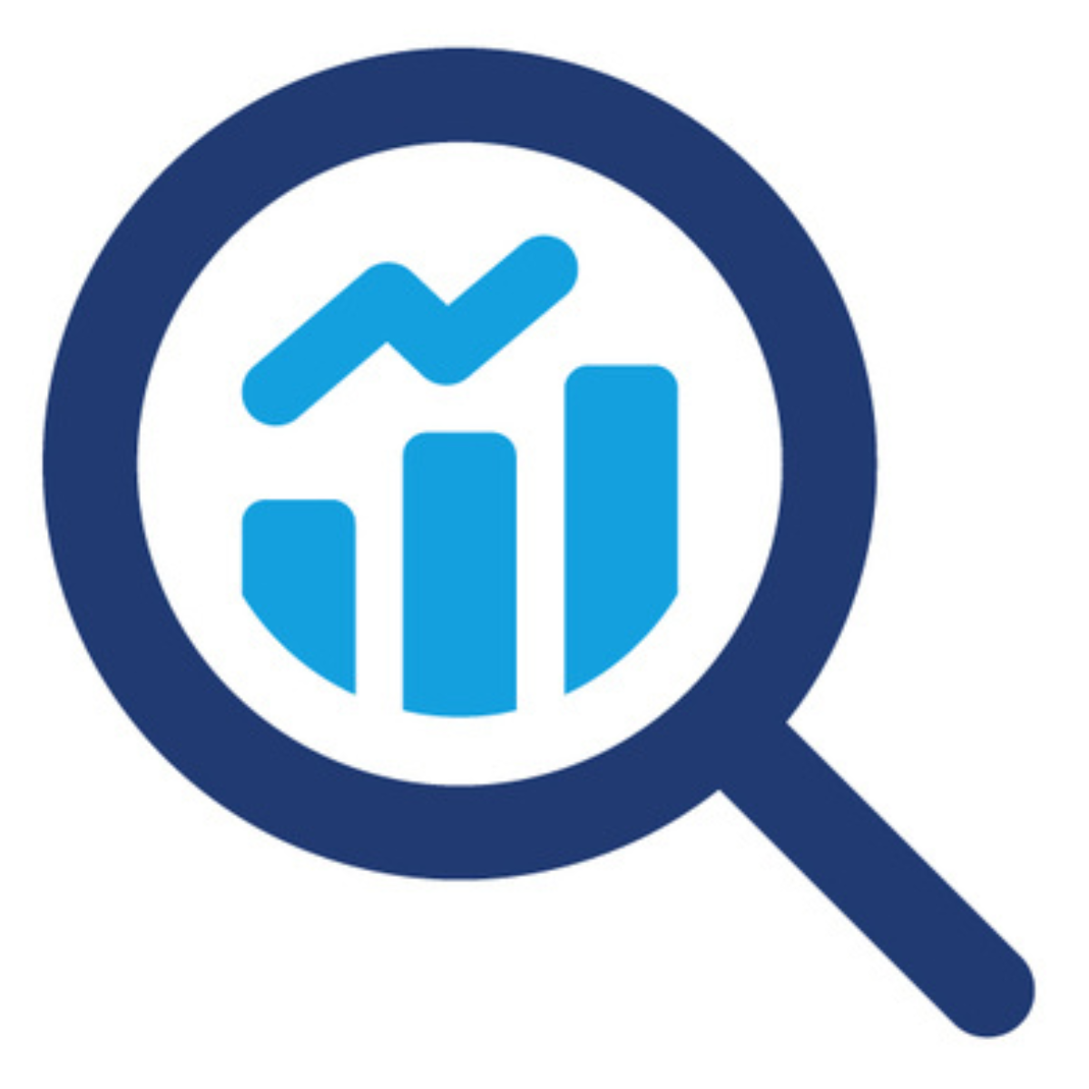 Icon of a magnifying glass with a bar chart and an increasing trend line in the center.