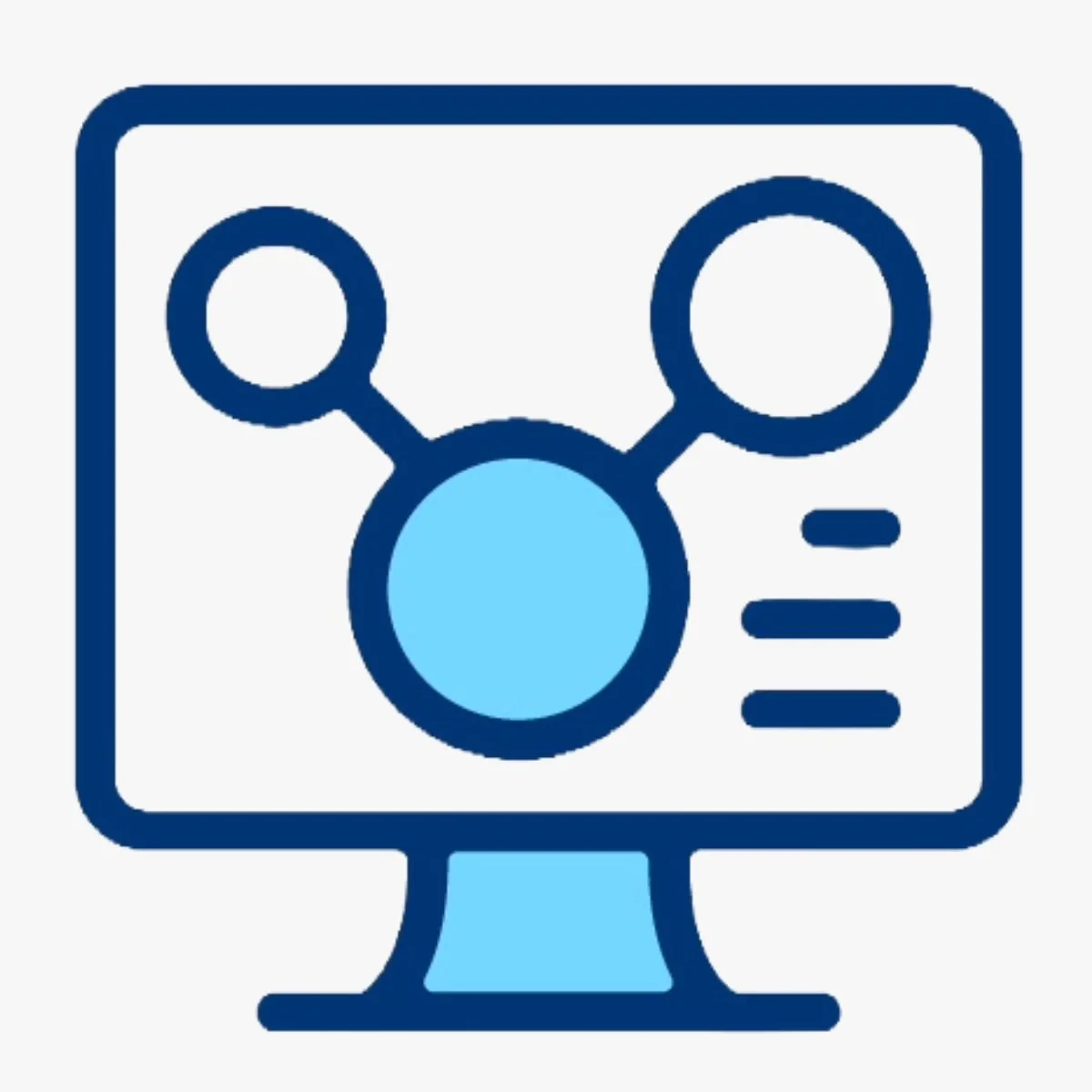 Computuer icon displaying a chart with a large light blue circle with two lines leading to two smaller white circles.