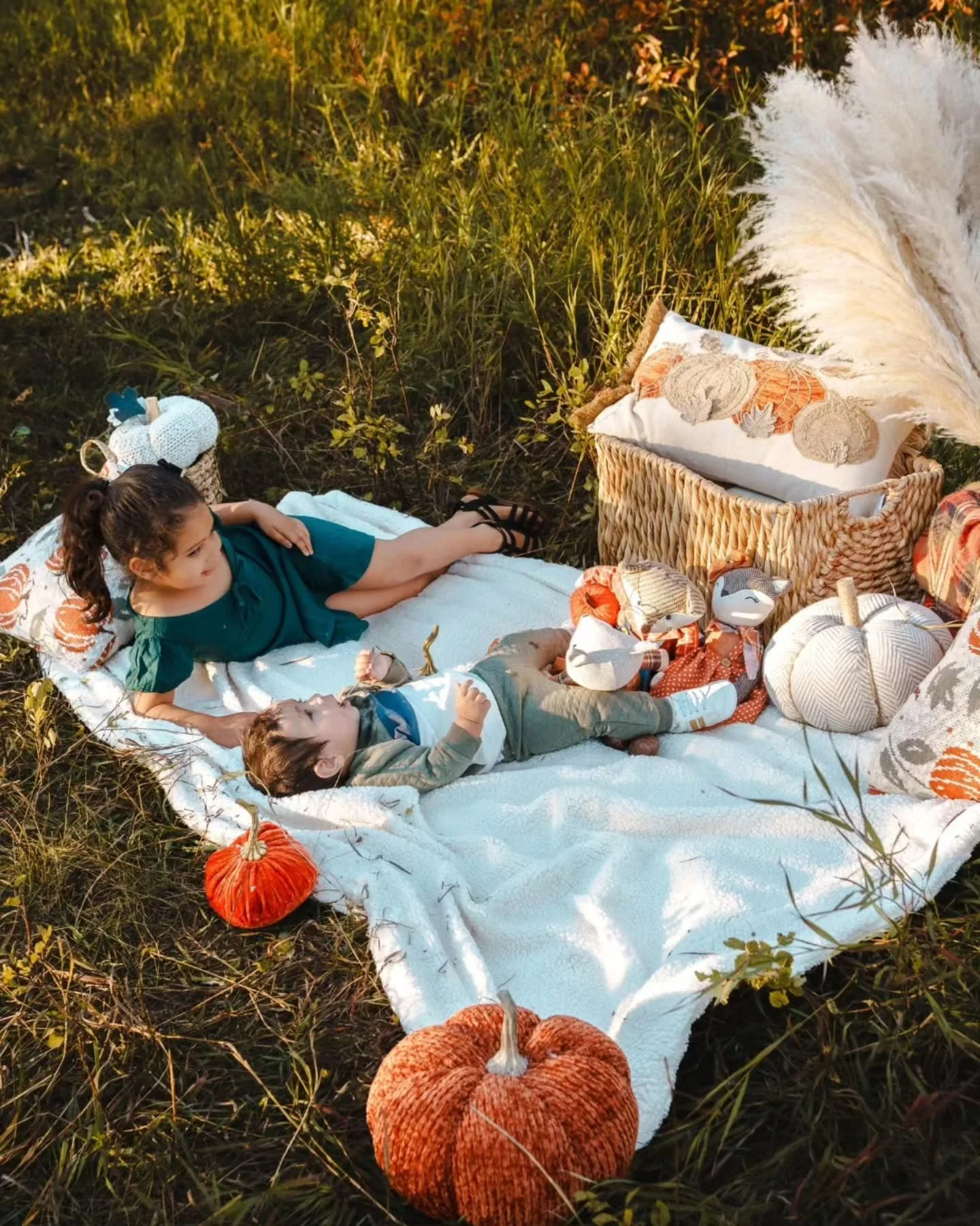 I usually have a few props available during my sessions &mdash; cozy blankets and pillows for a picnic-style setup, baskets, and during fall, some fun, soft pumpkins.

These props are completely optional, but they can really help little ones feel mor