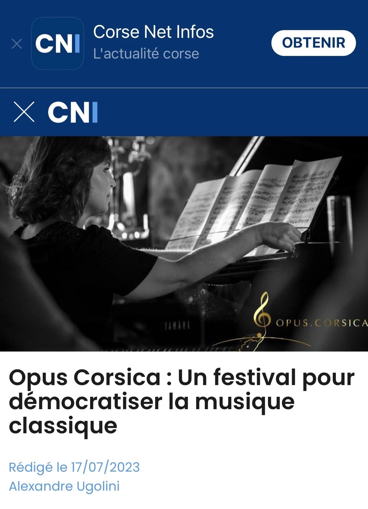 CORSE NET INFOS Lundi 17 Juillet 2023 par Alexandre Ugolini : Opus Corsica, un festival pour démocratiser la musique classique