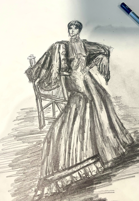Drawing exercise based off of Brian Jackson's costume design for Mme. Arkadina, The Seagull, 1968. Pencil, 12/21.