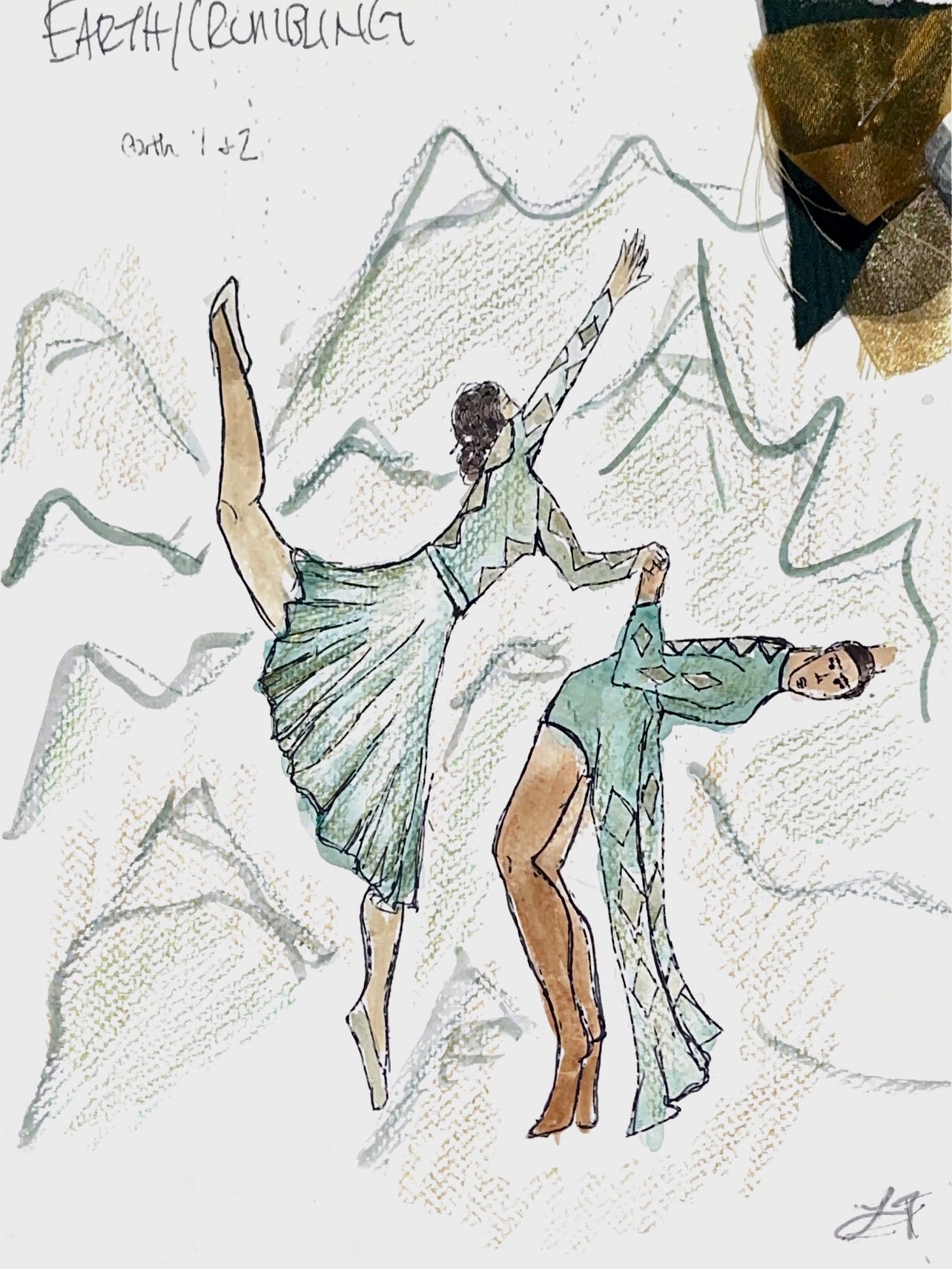 Earth/Crumbling Dancers: Water color, water color pencil, pen. 11/21
