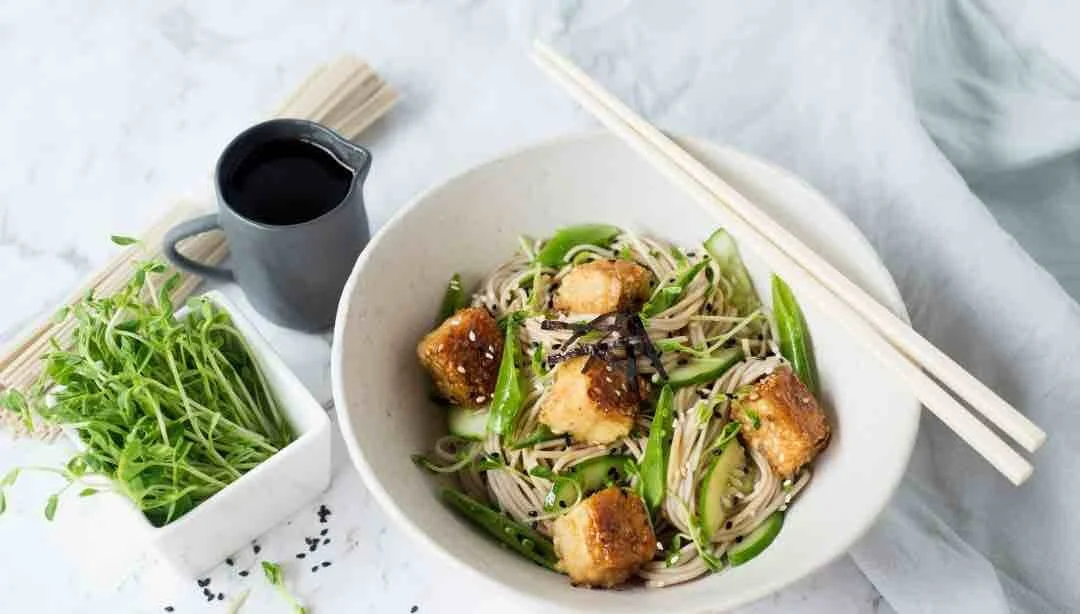 Sesame Soba Noodles with Crispy Tofu and Pea Shoots