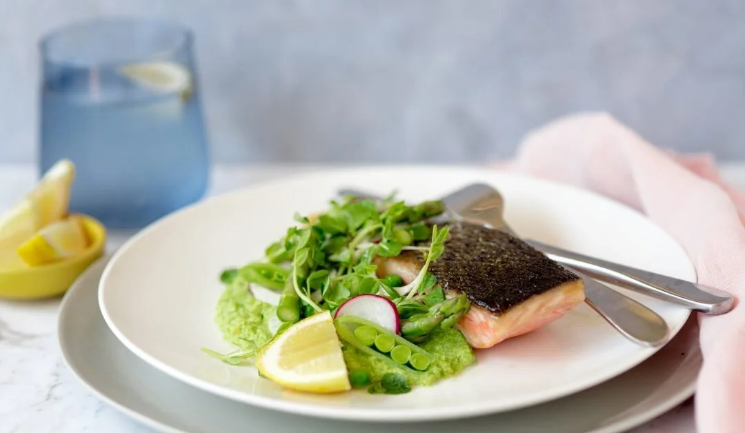 Seared Salmon with Pea Puree &amp; Pea Shoot Salad