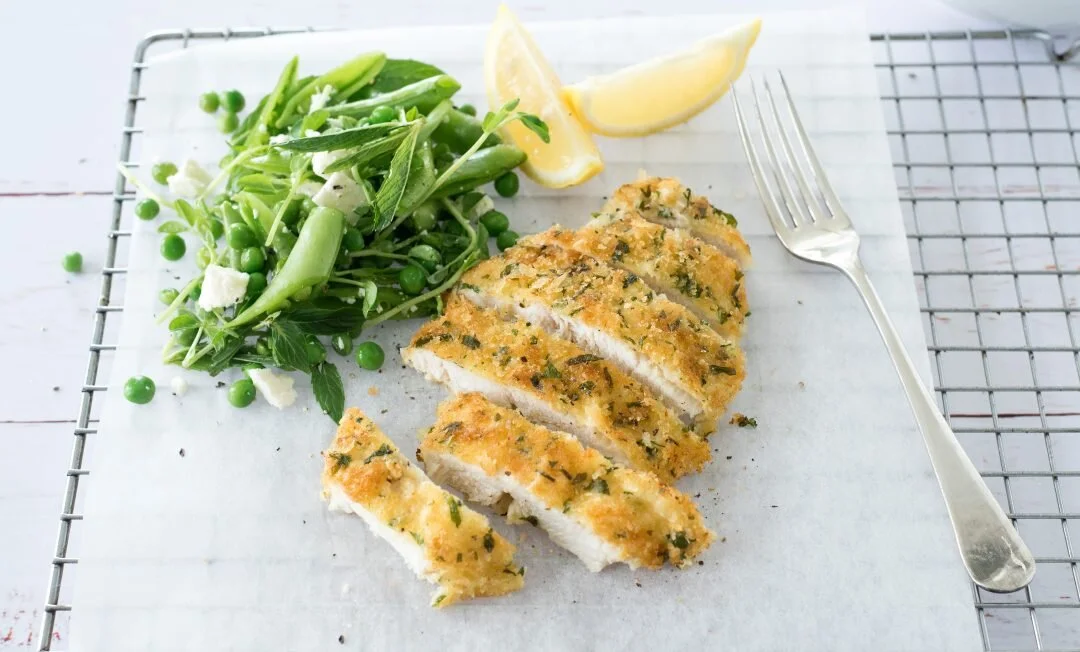 Herby Chicken Schnitzel with Pea, Pea Shoot, Feta &amp; Mint Salad