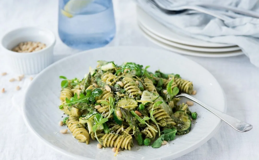 Pea Shoot Pesto Pasta with Spring Vegetables