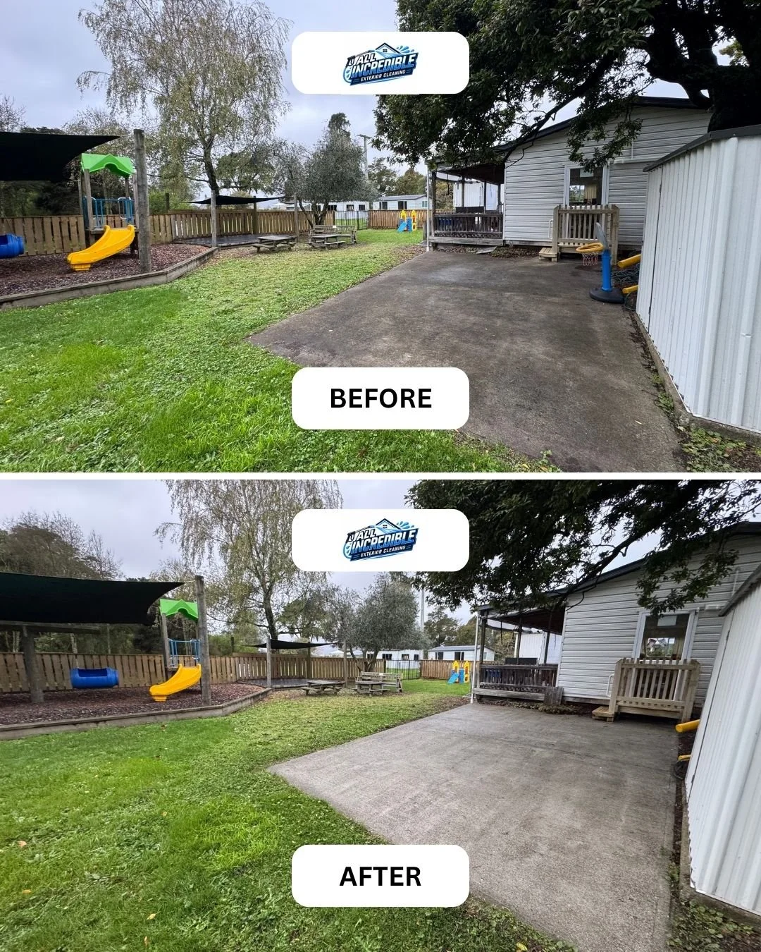Slippery, algae-covered concrete at a kids playcentre made safe and clean with professional pressure washing in Nelson, NZ. Safe surfaces for children to play on.