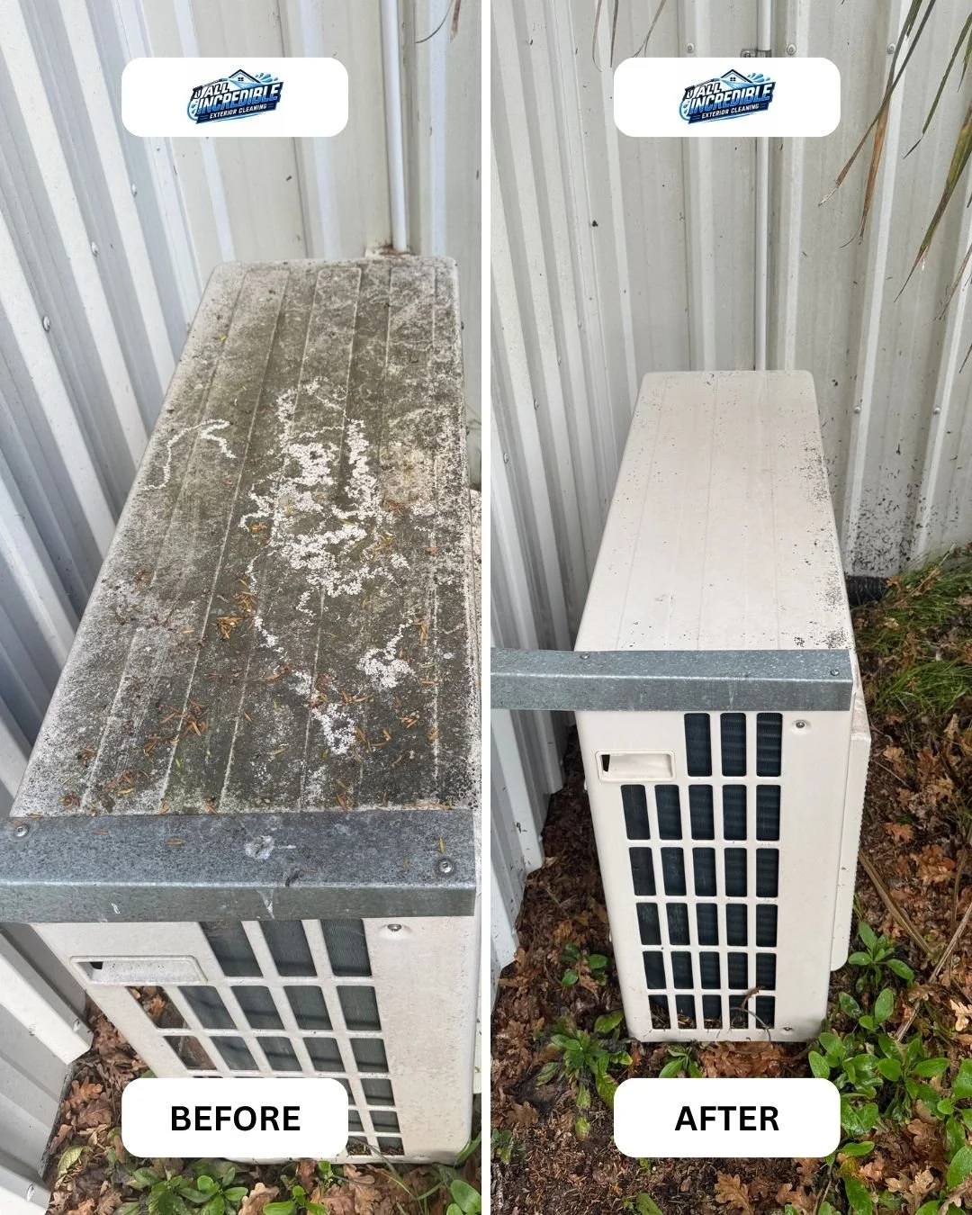Heavily soiled heat pump unit cleaned of mould, lichen and debris in Nelson, NZ. Regular heat pump cleaning improves efficiency and extends its lifespan.