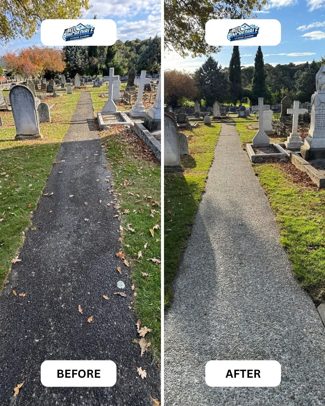 Dark, slippery pathway cleared of algae and black staining with pressure washing in Nelson, NZ. Safer footpaths and stunning kerb appeal — guaranteed.