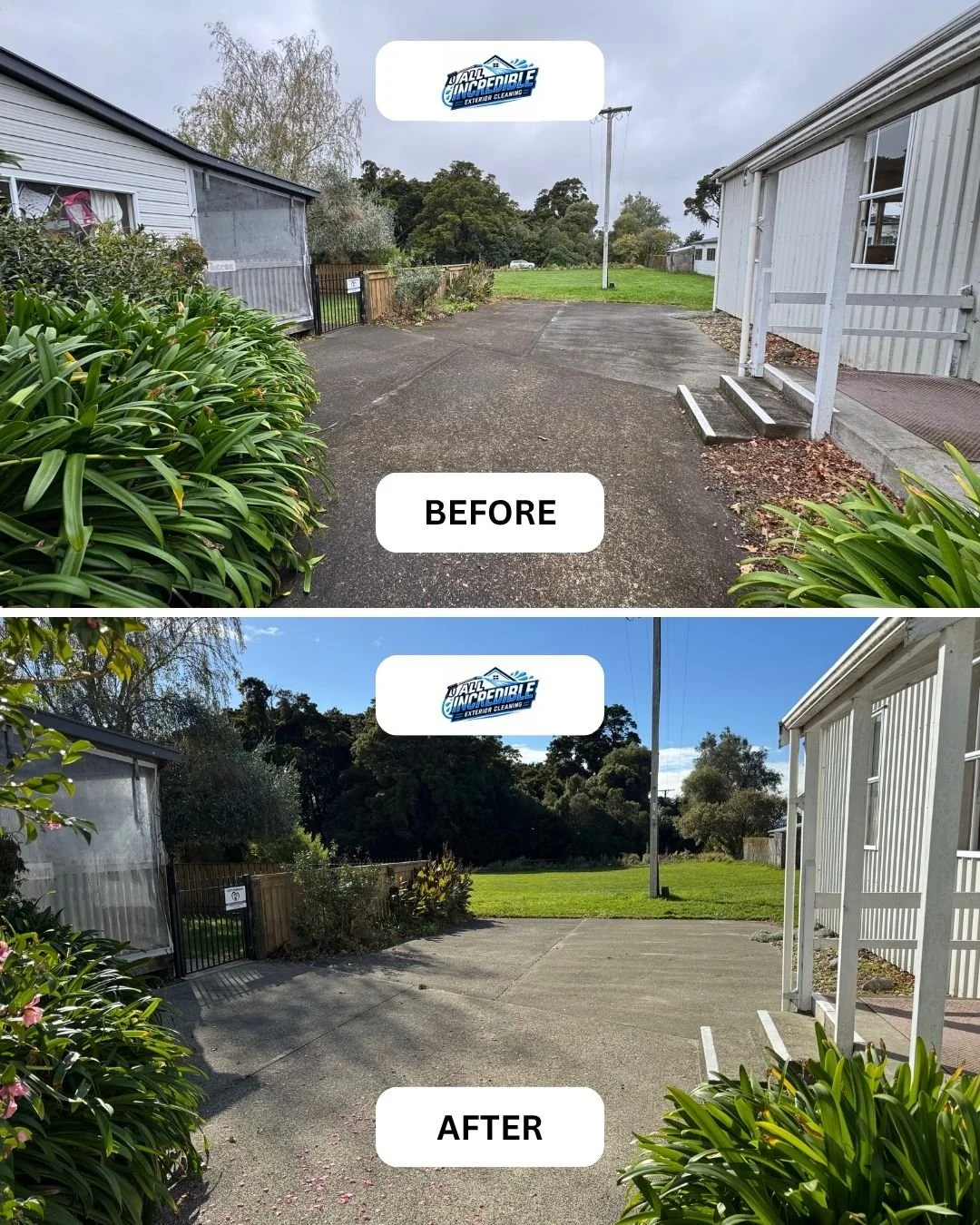 Dirty, moss-covered concrete driveway transformed with professional pressure washing in Nelson, NZ. All Incredible Exterior Cleaning restores your concrete to like-new condition.