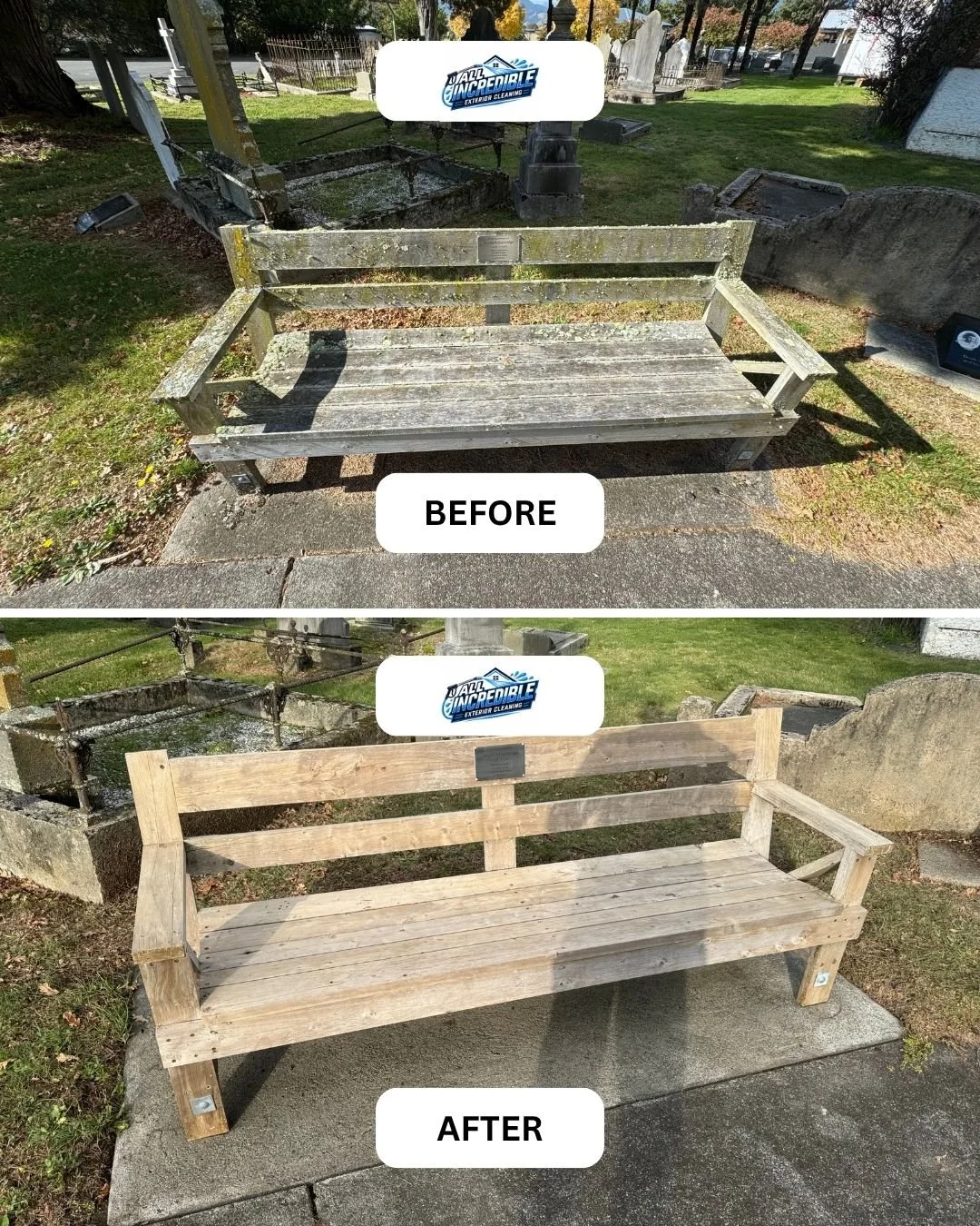 Lichen and mould-encrusted outdoor bench seat fully restored with soft washing in Nelson, NZ. Great results on timber furniture, memorial benches and public seating.
