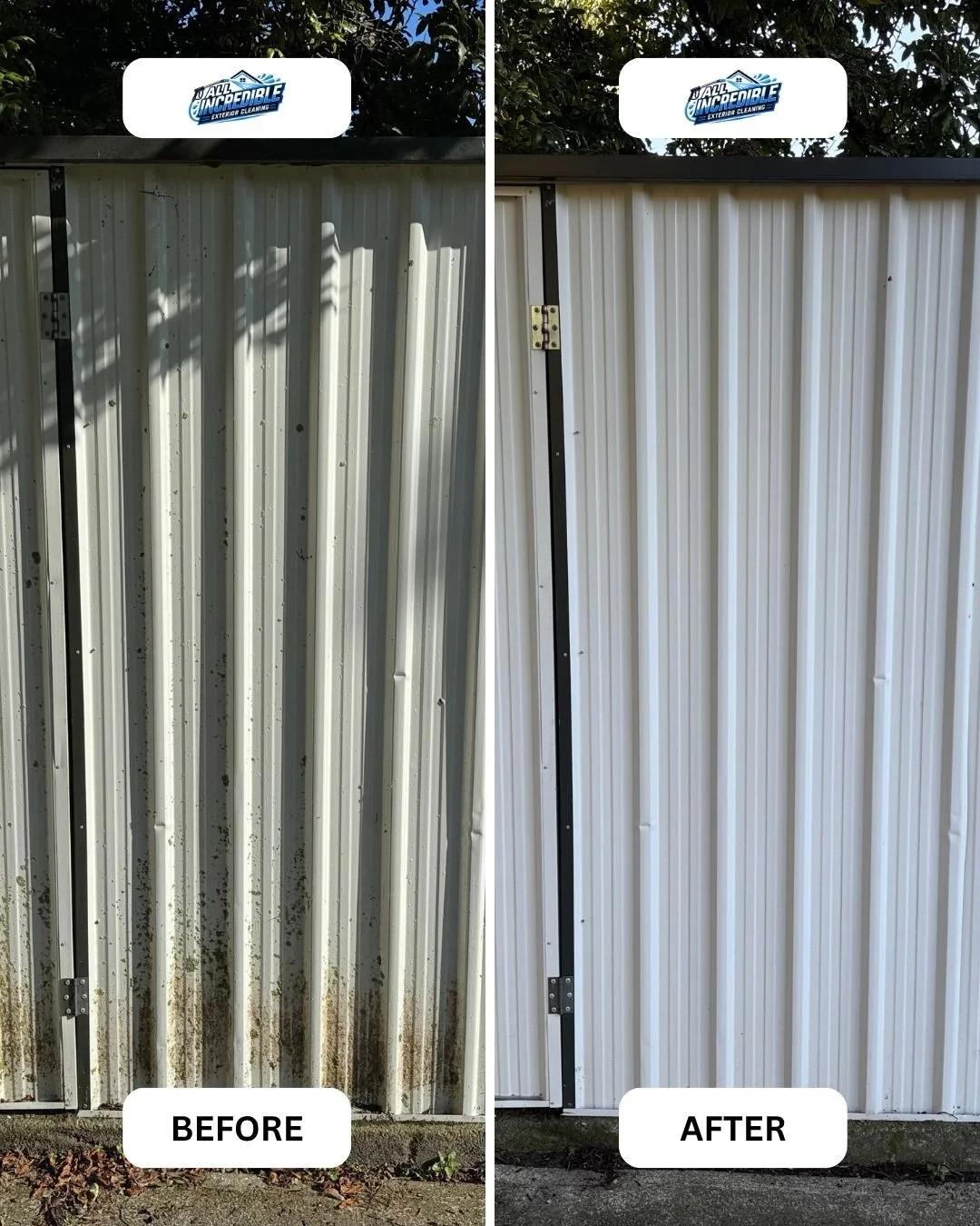 Corrugated iron garden shed covered in mould and grime restored to bright white with professional exterior cleaning in Nelson, NZ.
