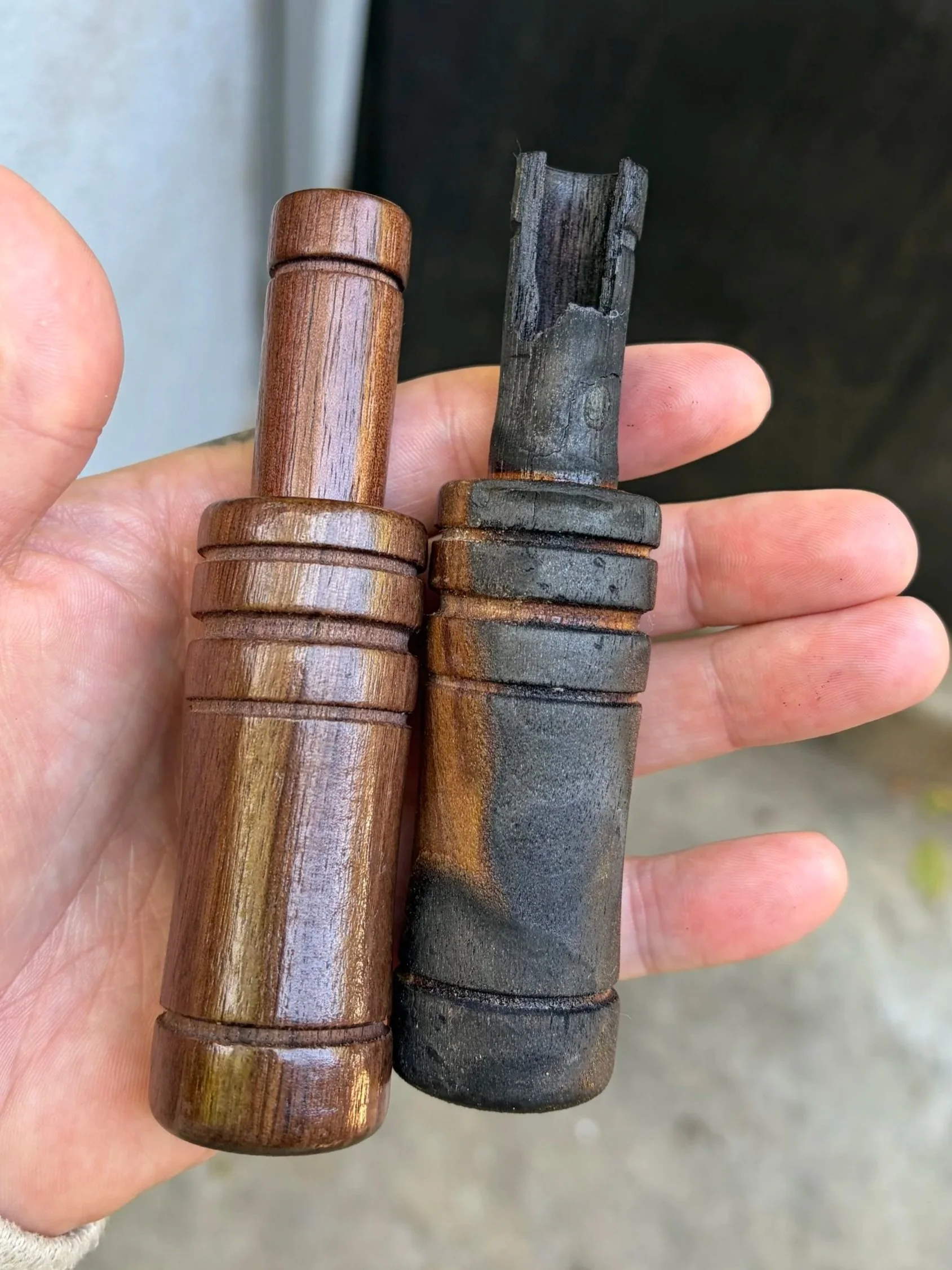 Hero props: duck calls handled by Johnny Knoxville - lightly used version and a burned version