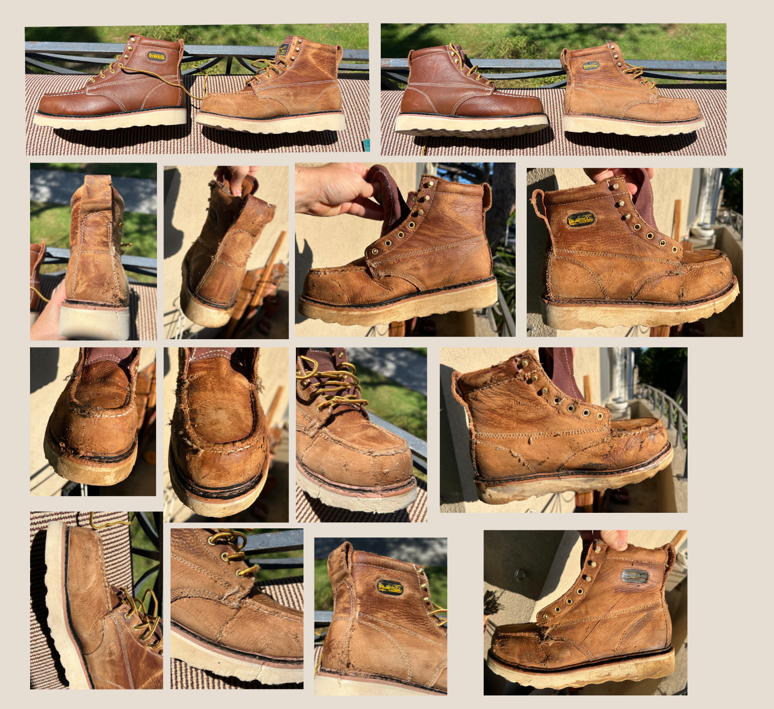 Breakdown work on hero boots worn by Johnny Knoxville. Aging, scuffs, chemical fading, wire brushes, dyes, sanding and other proper strategies for leather breakdown. 