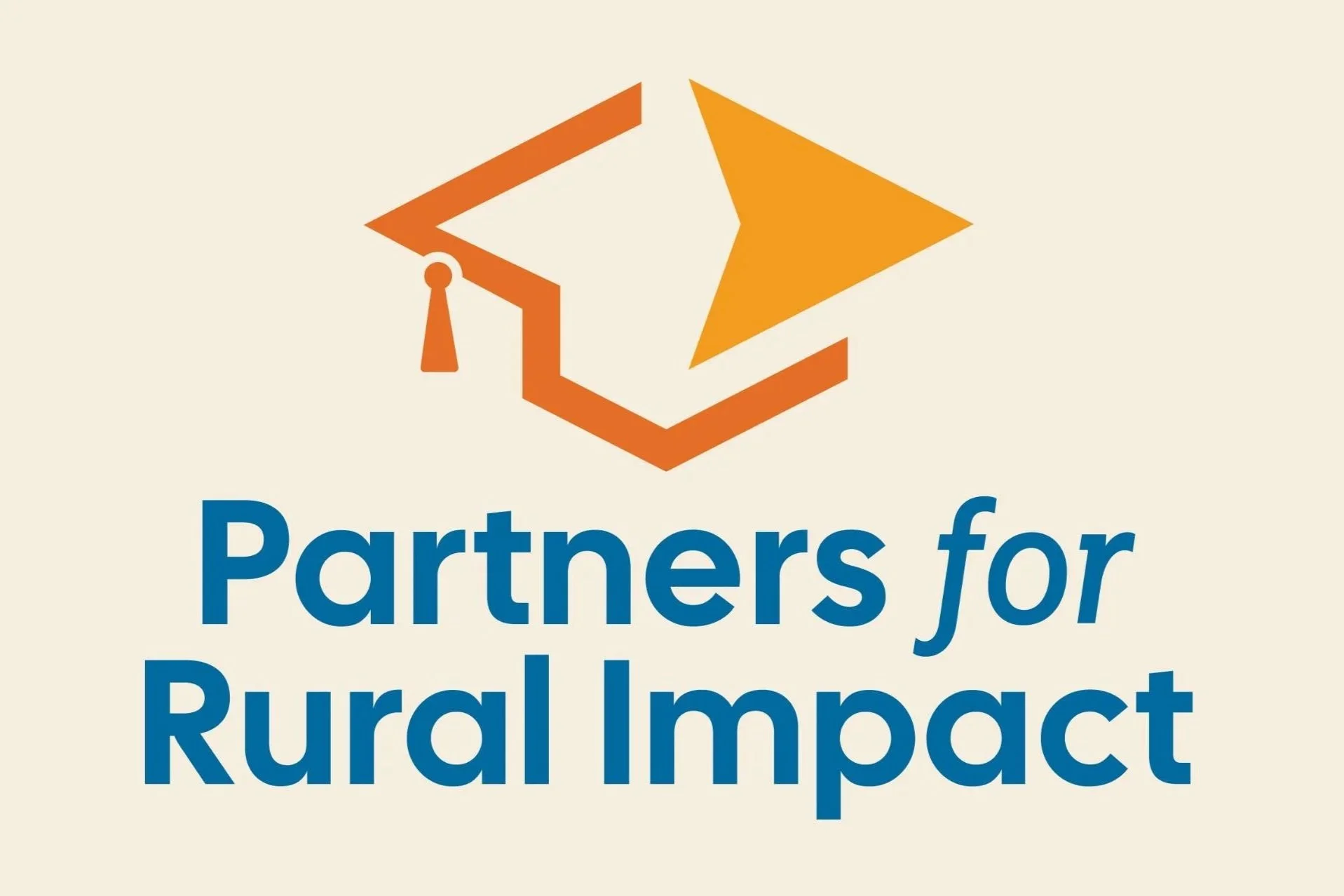 Logo with orange geometric design resembling a house and arrow, with text 'Partners for Rural Impact'.