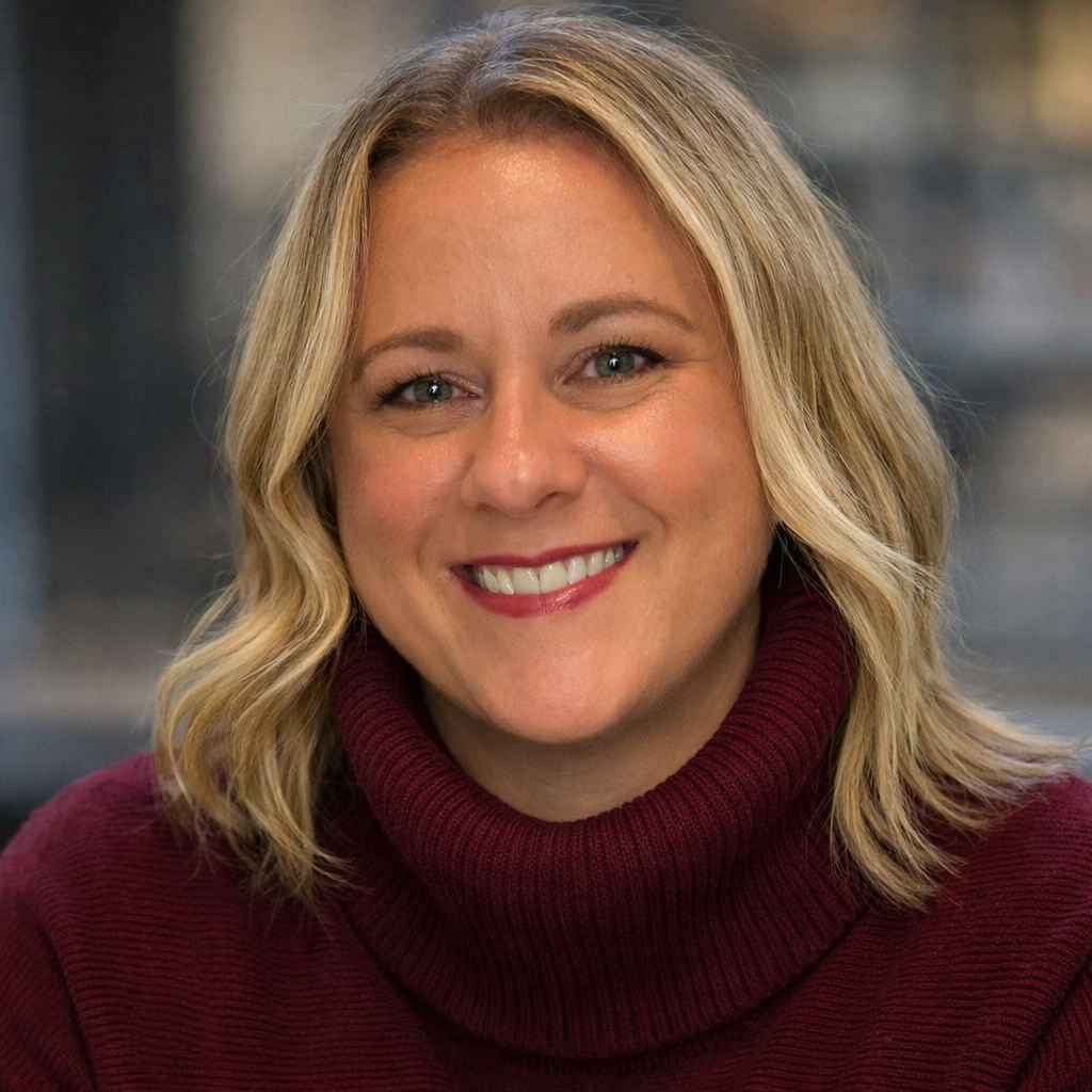 Close-up of a smiling woman with shoulder-length blonde hair and blue eyes, wearing a maroon turtleneck sweater.
