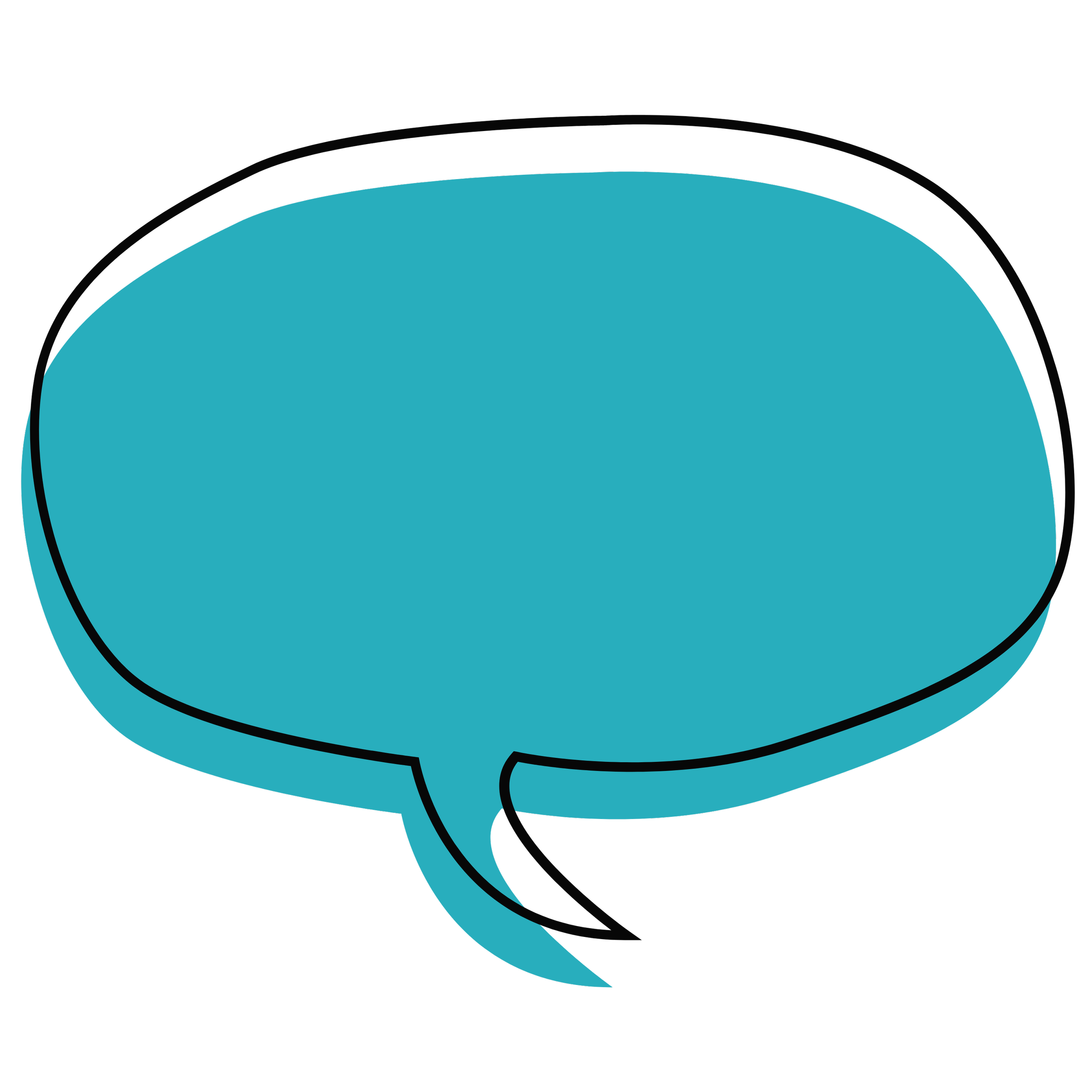 Multiple overlapping speech bubbles in black and cyan colors on a black background.