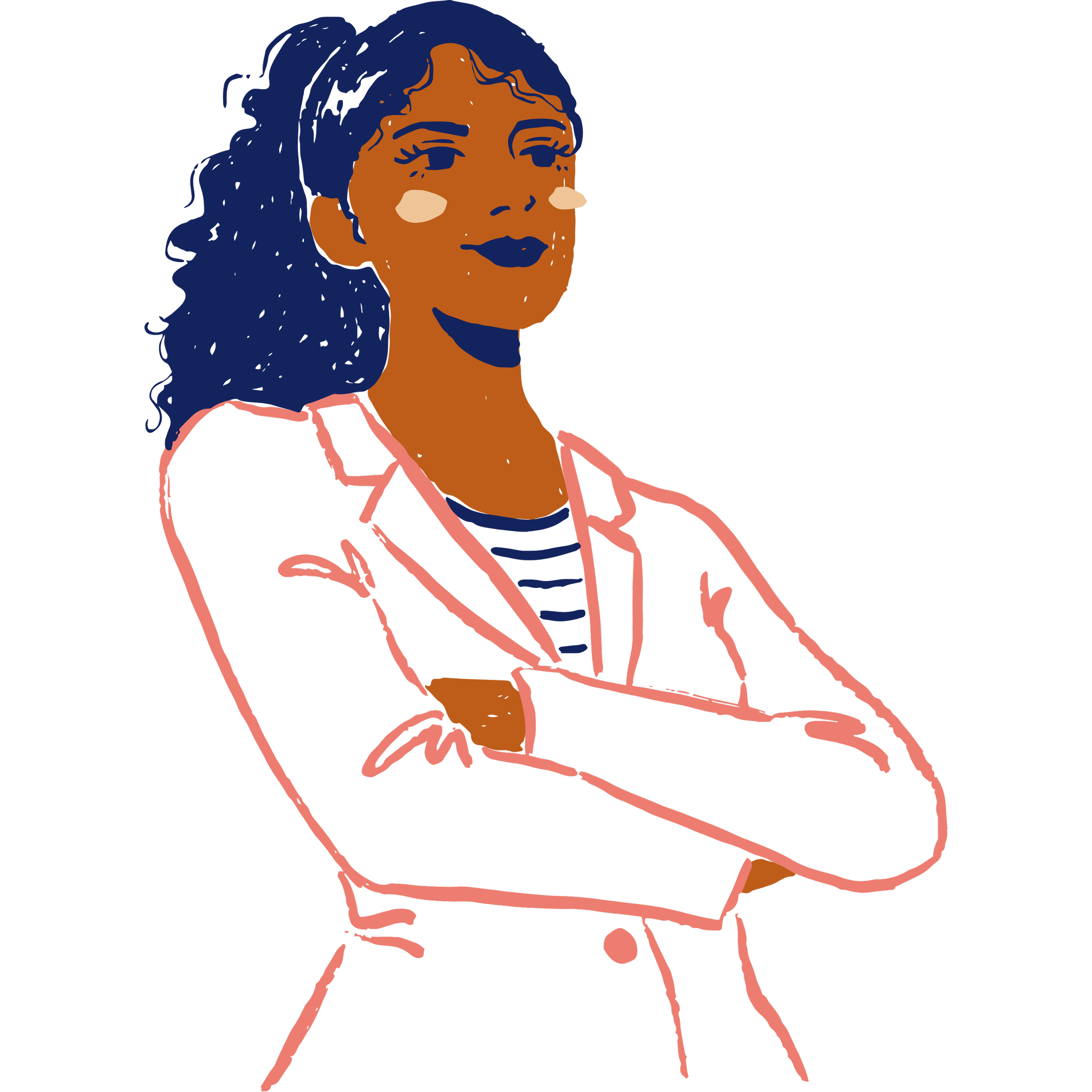A digital illustration of a woman with dark blue hair, dark blue lipstick, and light makeup, wearing a pink blazer over a dark striped shirt, with a black background.