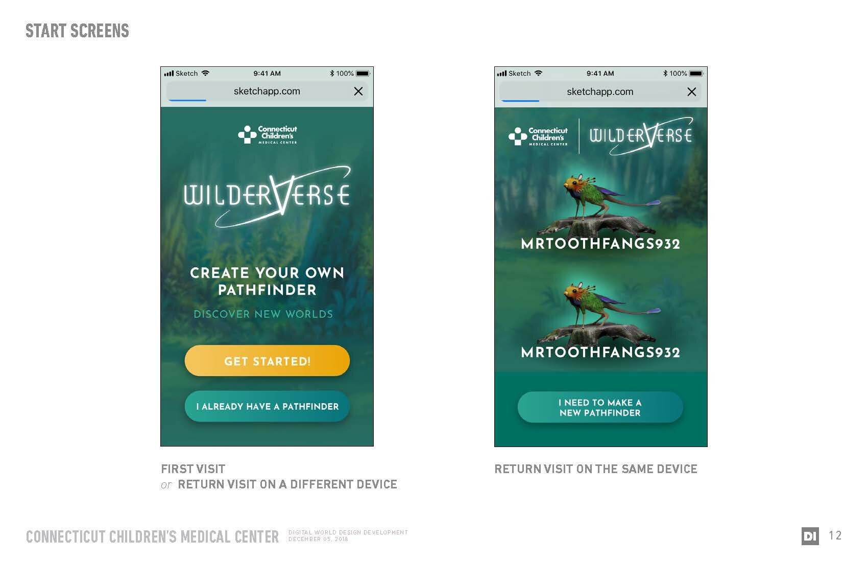 After collaboration with the development team, it was determined the application would remember users' mobile devices, and their characters to eliminate the need for account creation and potential HIPAA violations.